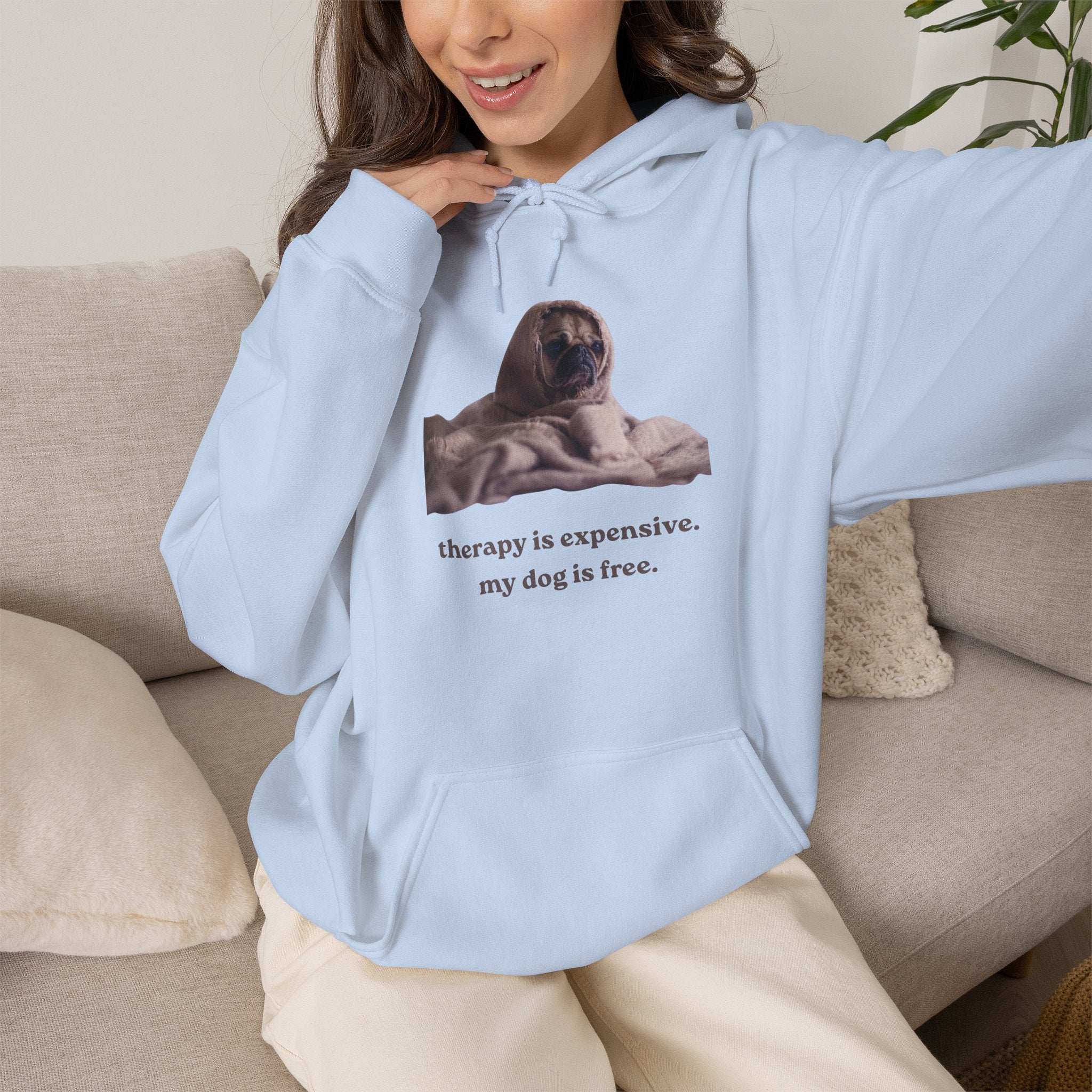 Dog Therapy Hoodie — "Therapy is expensive. My dog is free." Cozy Pet Lover Sweatshirt