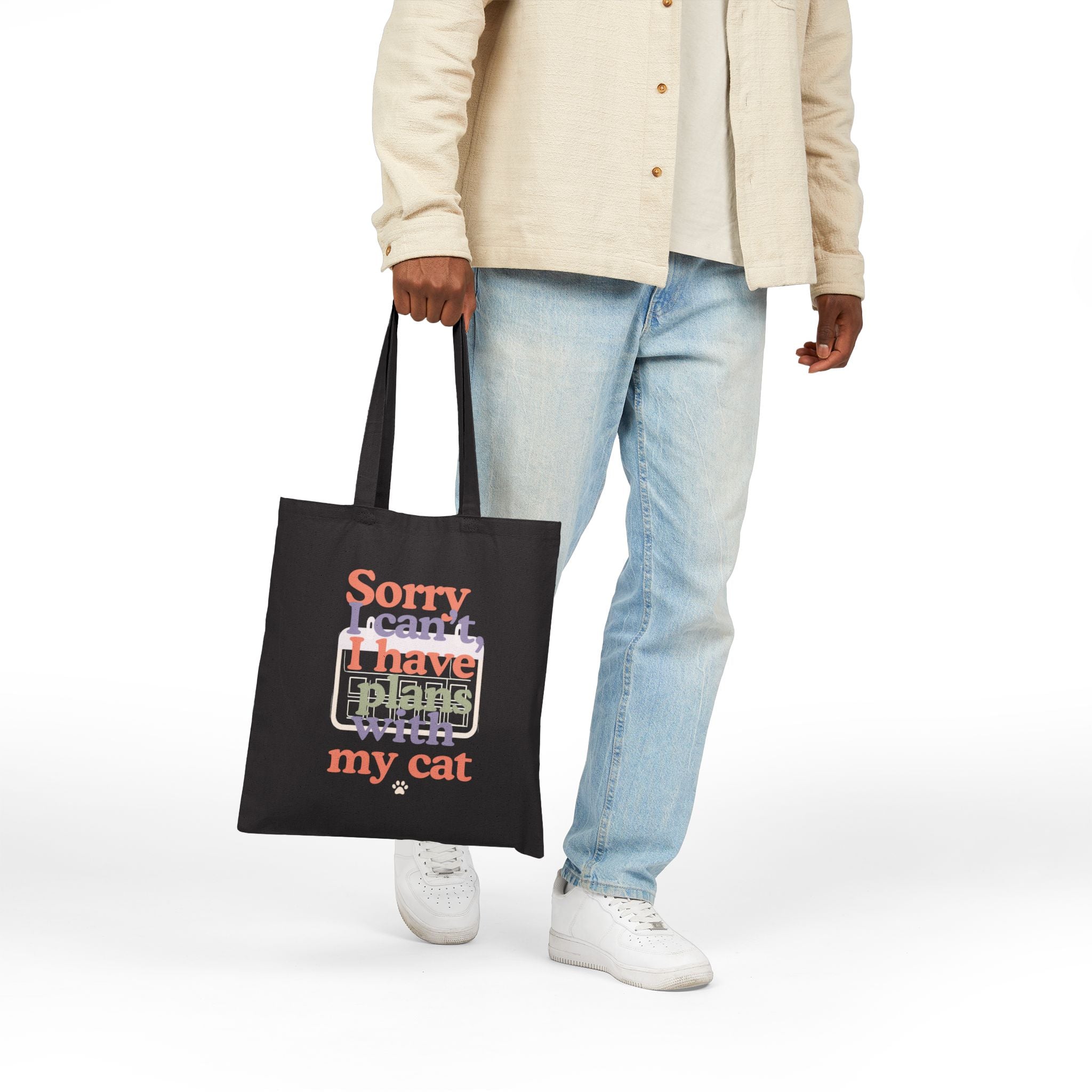 Tote Bag — “Sorry I can’t, I have plans with my cat” Canvas Cat Lover Tote