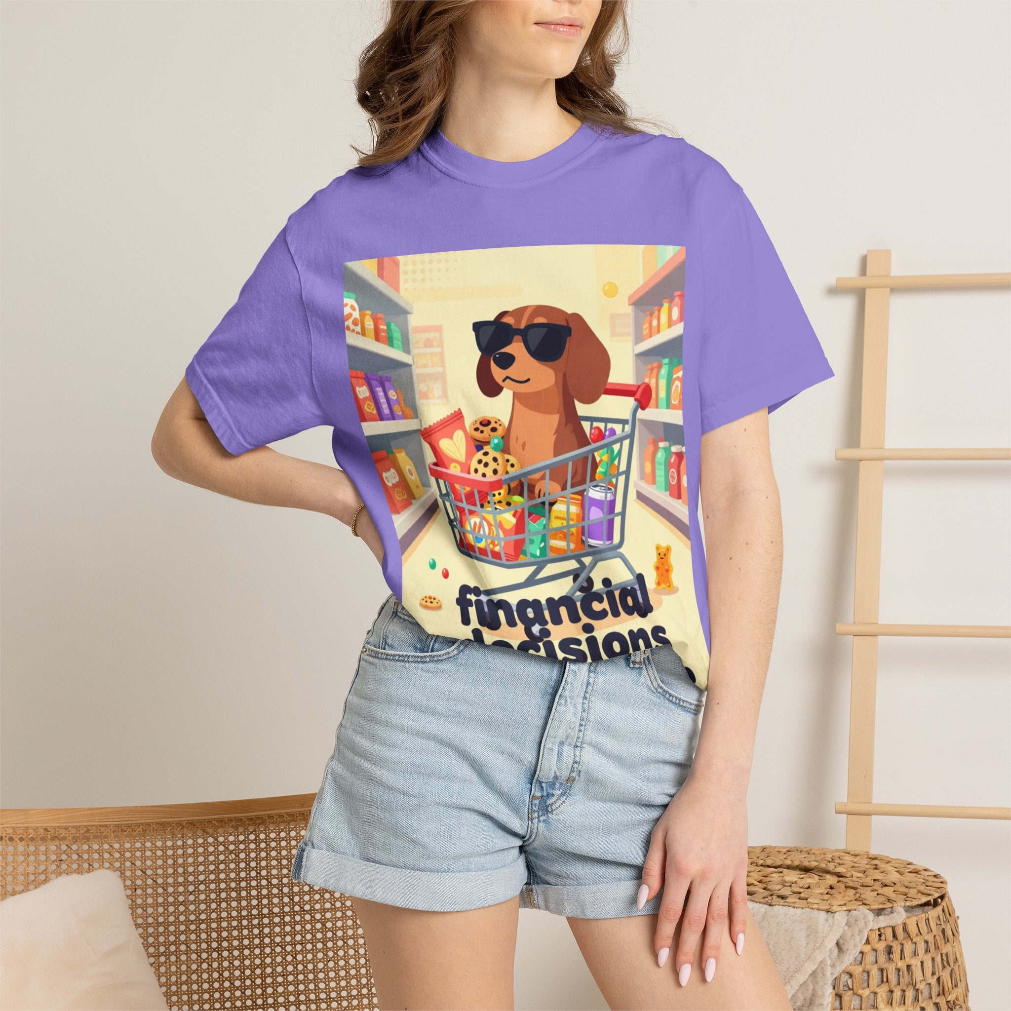 Dog with Shopping Cart T-Shirt — “Financial Decisions Were Made” Funny Graphic Tee