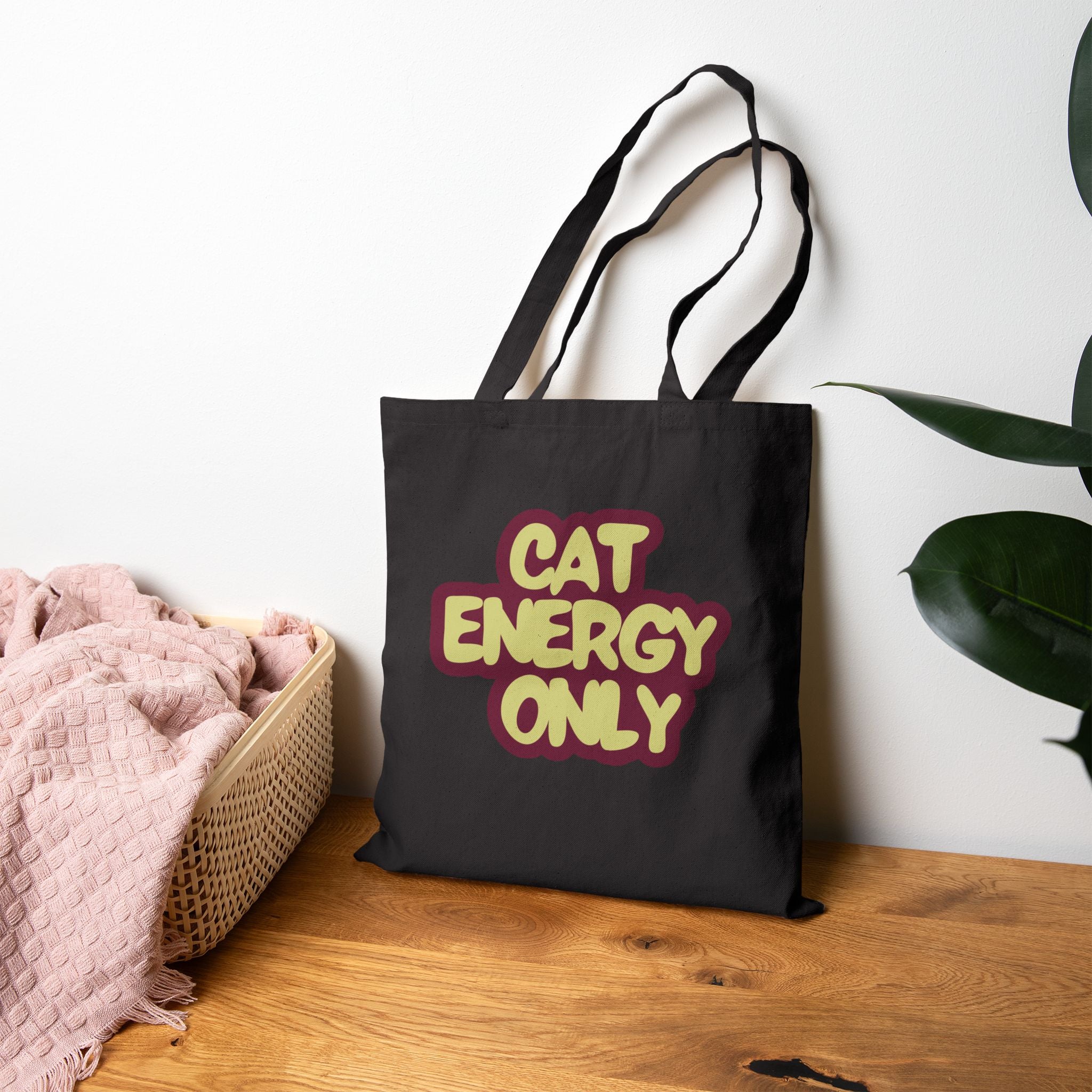 "Cat Energy Only" Cotton Canvas Tote Bag | Funny Cat Mom Gift, Reusable Everyday Bag for Cat Lovers