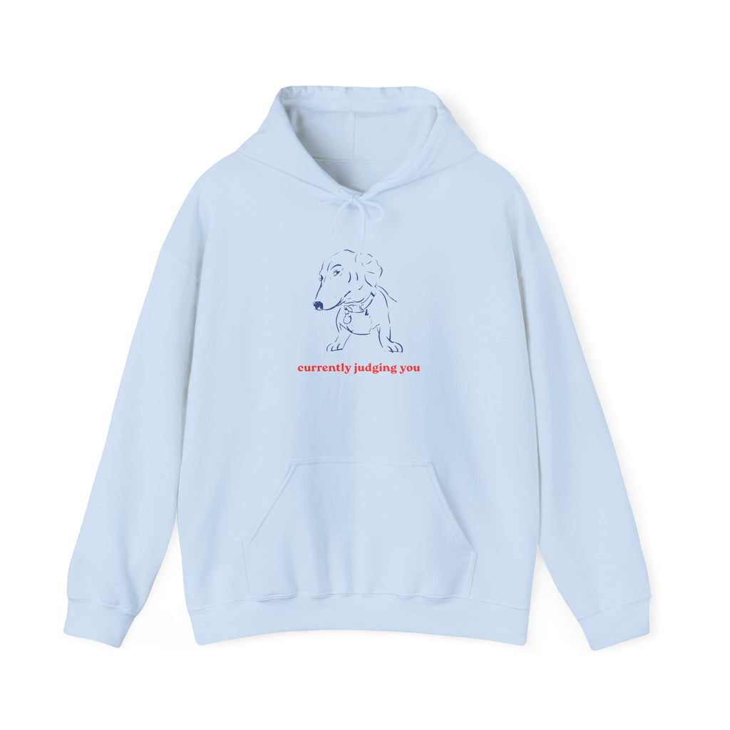 Hoodie — Minimal Line Dog Graphic "Currently Judging You"