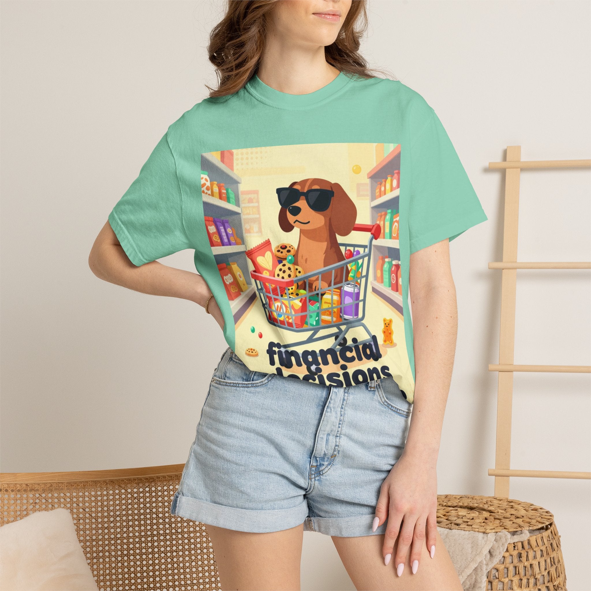Dog with Shopping Cart T-Shirt — “Financial Decisions Were Made” Funny Graphic Tee
