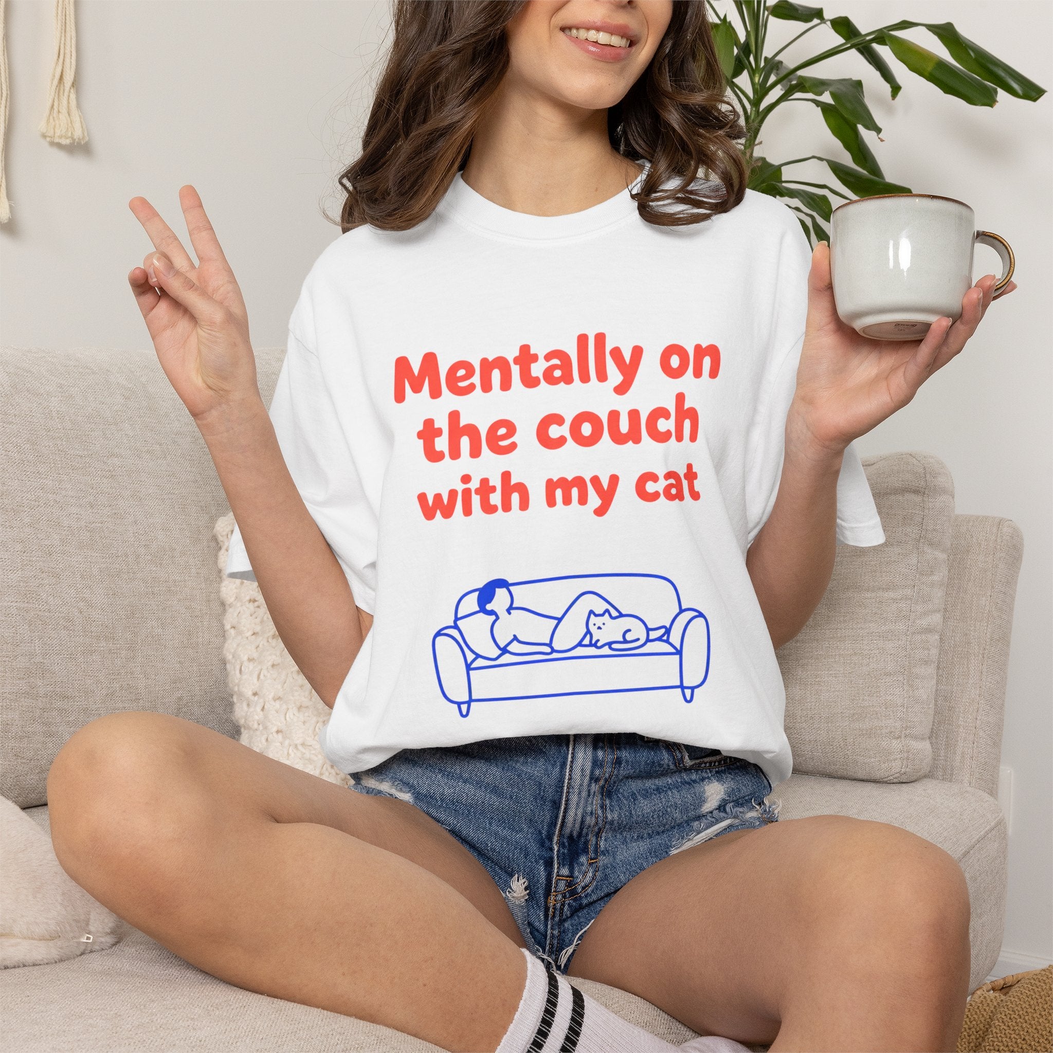 Mentally on the Couch with My Cat T-Shirt — Funny Cat Lover Tee