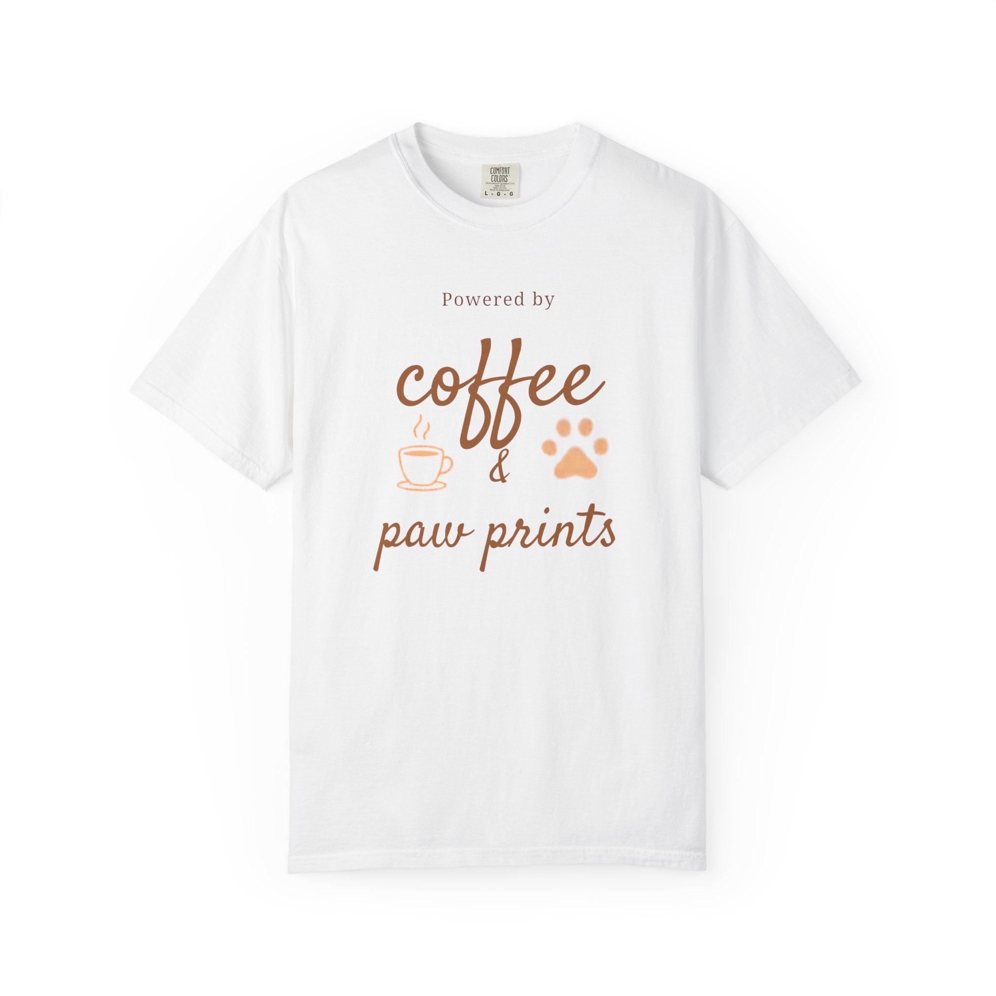 Coffee & Paw Prints T-Shirt — "Powered by Coffee & Paw Prints" Pet Lover Tee