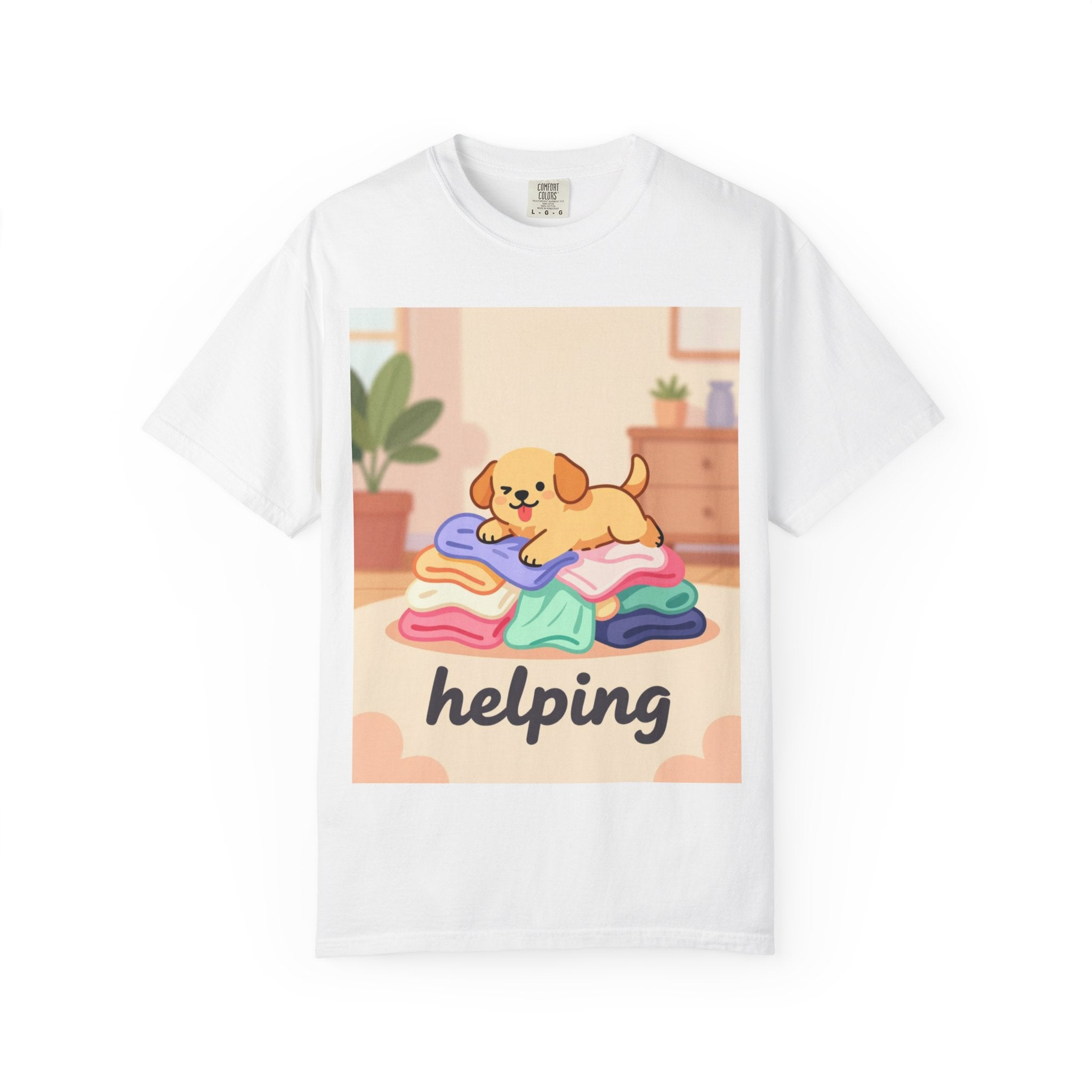 Helping Puppy T-Shirt — Cute Dog on Laundry Graphic Tee