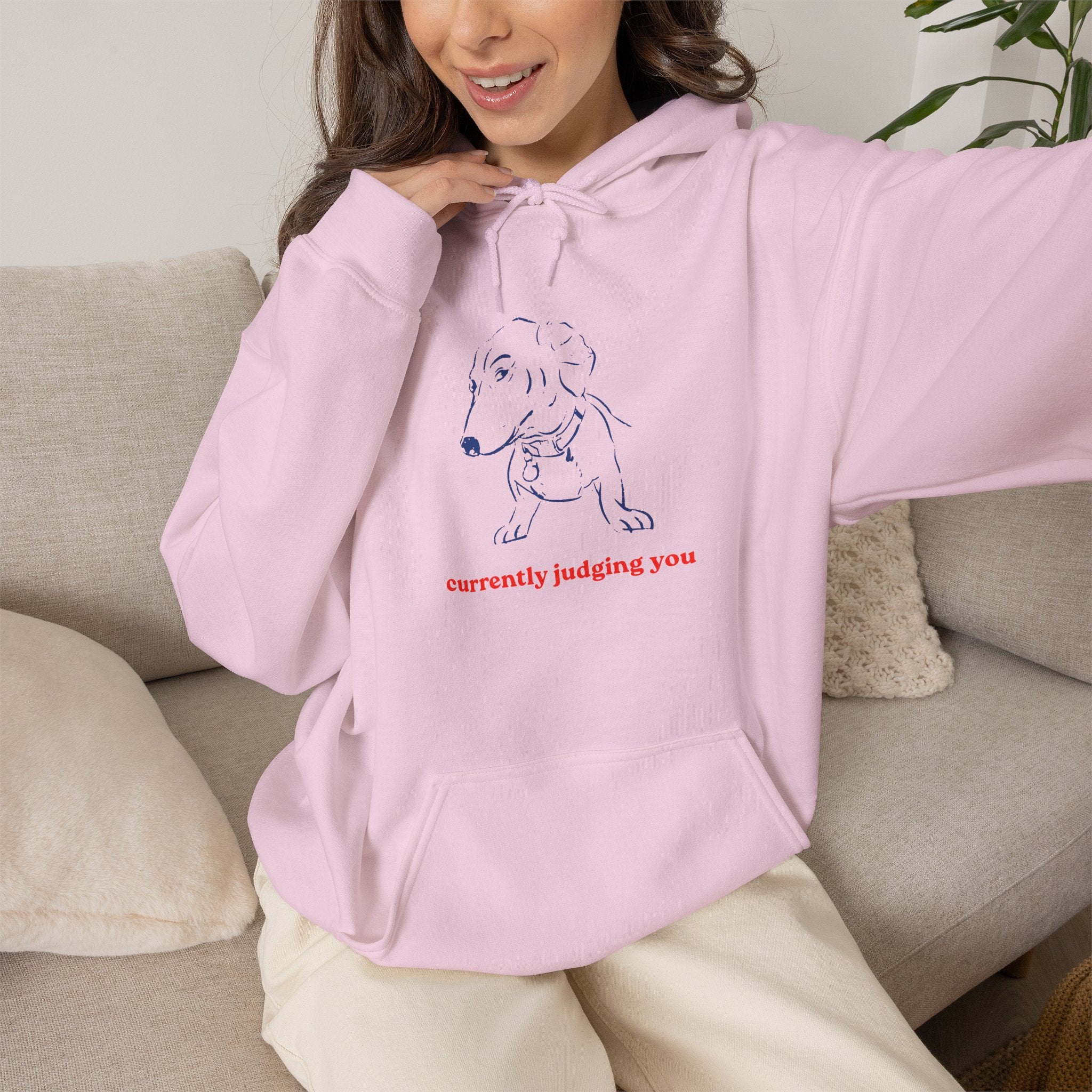 Hoodie — Minimal Line Dog Graphic "Currently Judging You"