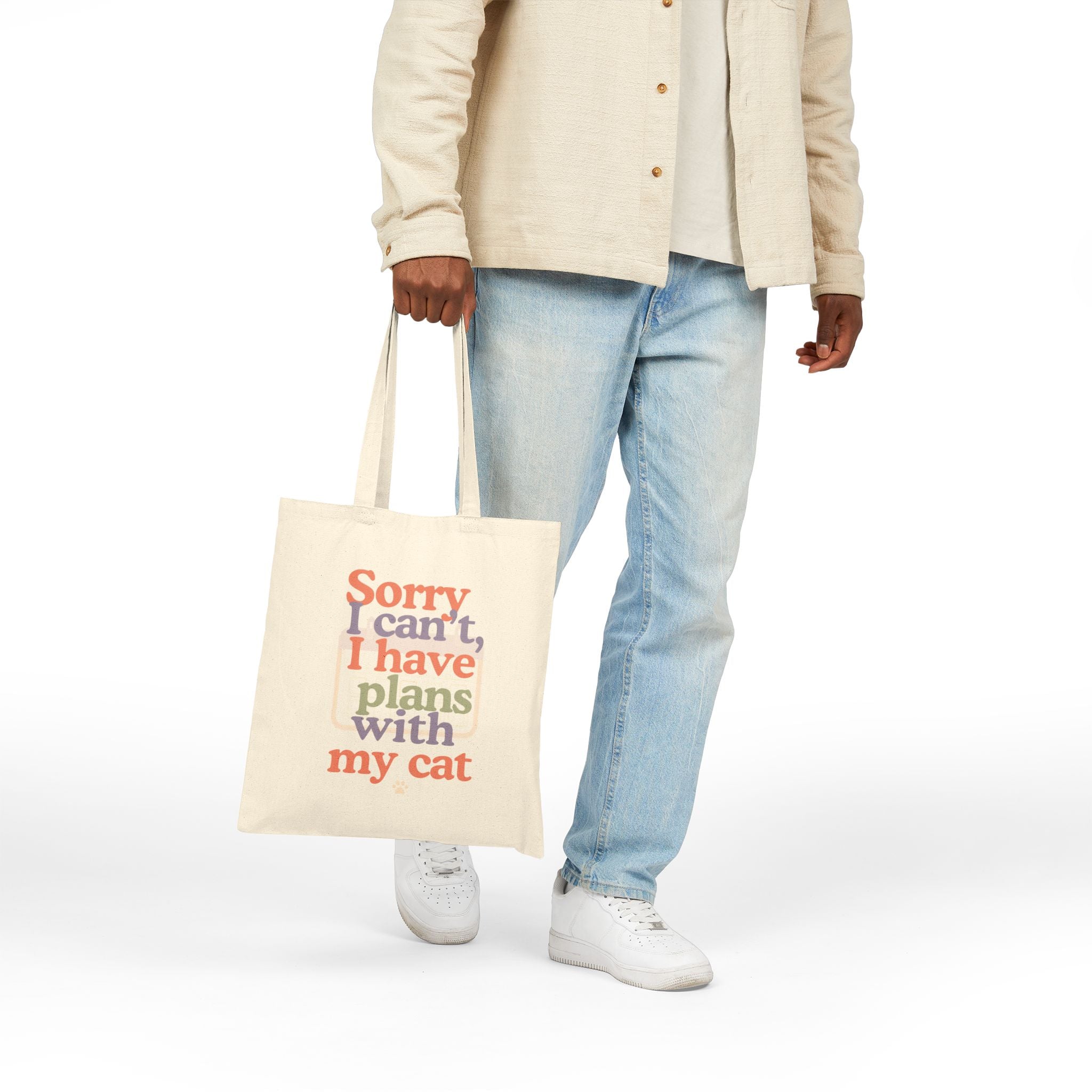 Tote Bag — “Sorry I can’t, I have plans with my cat” Canvas Cat Lover Tote