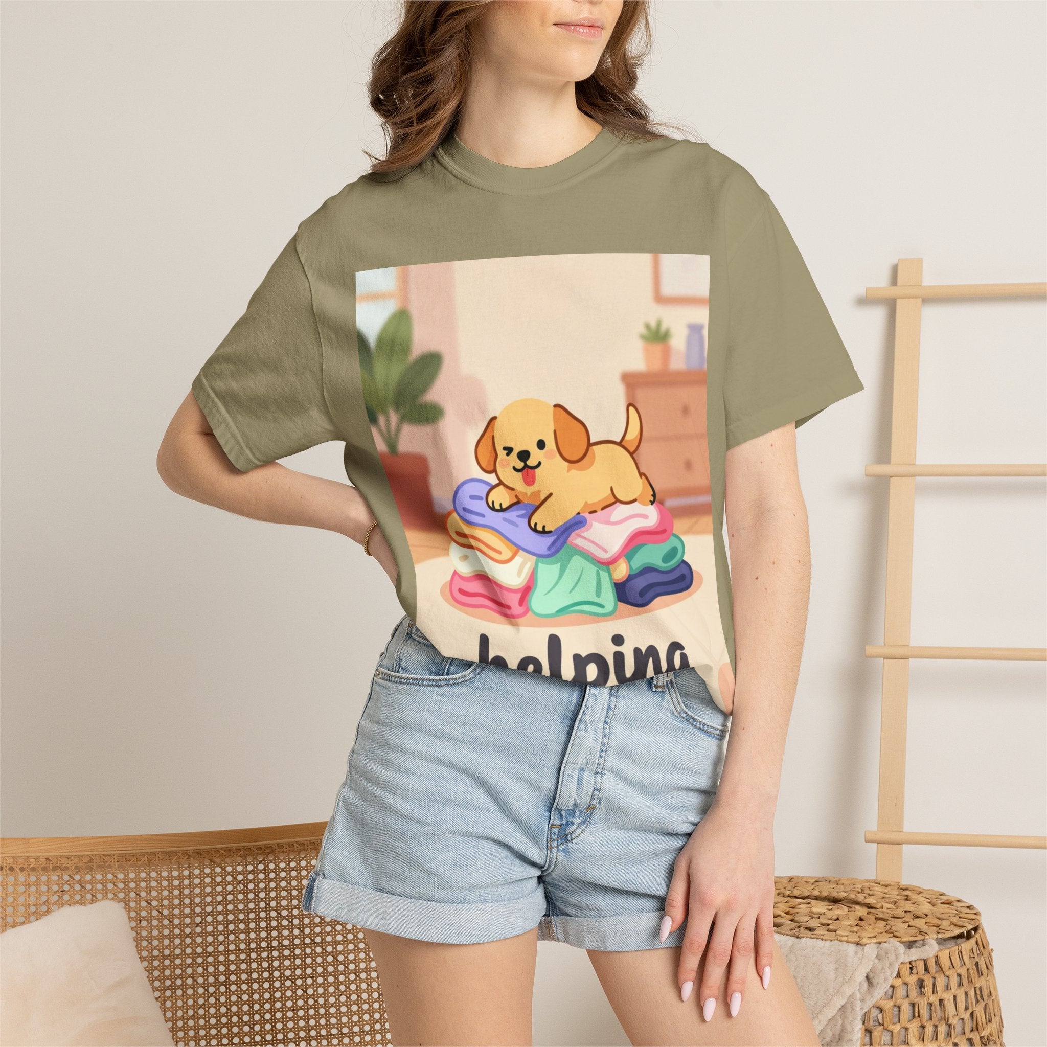 Helping Puppy T-Shirt — Cute Dog on Laundry Graphic Tee