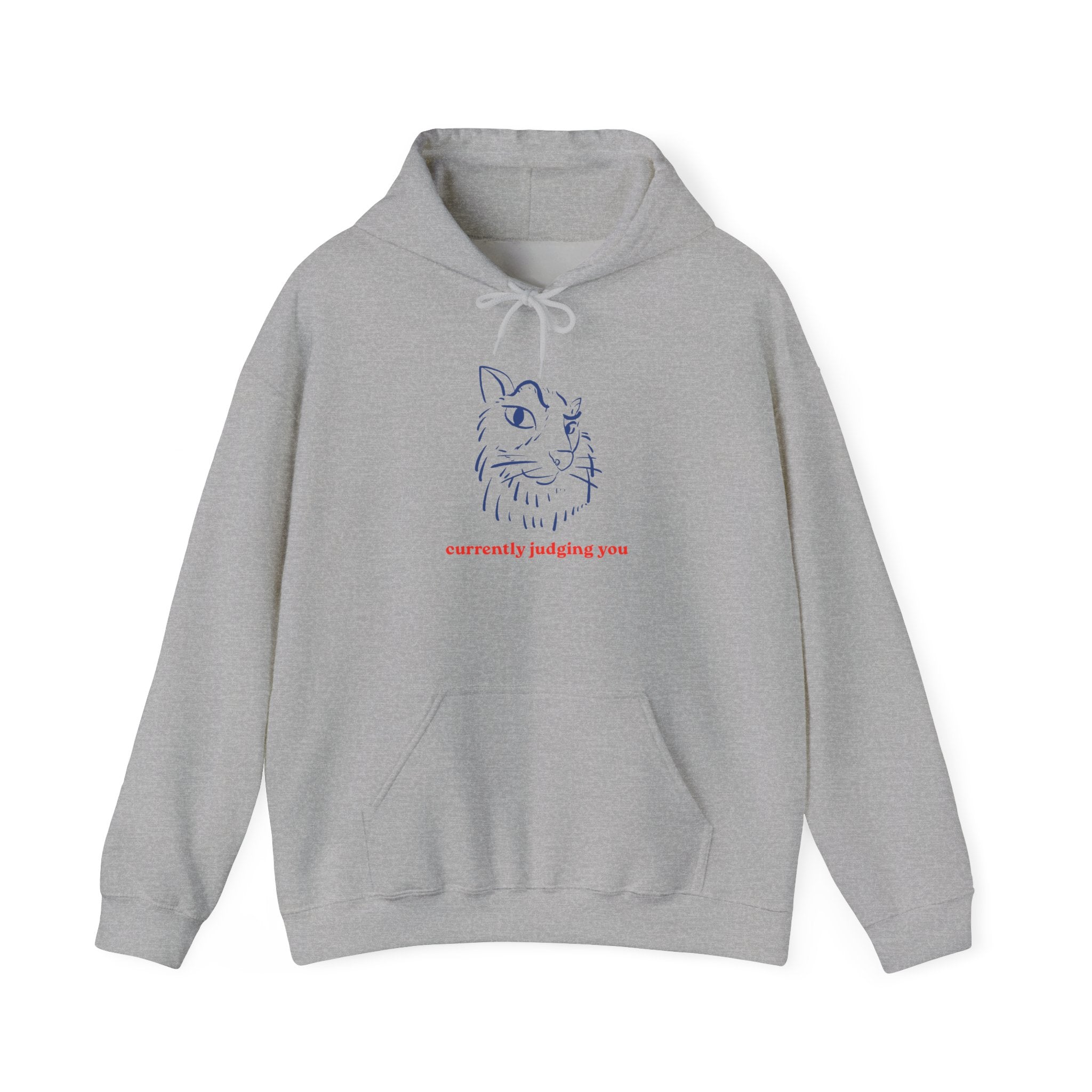 Cat Illustration Hoodie — "currently judging you" Minimal Graphic Sweatshirt