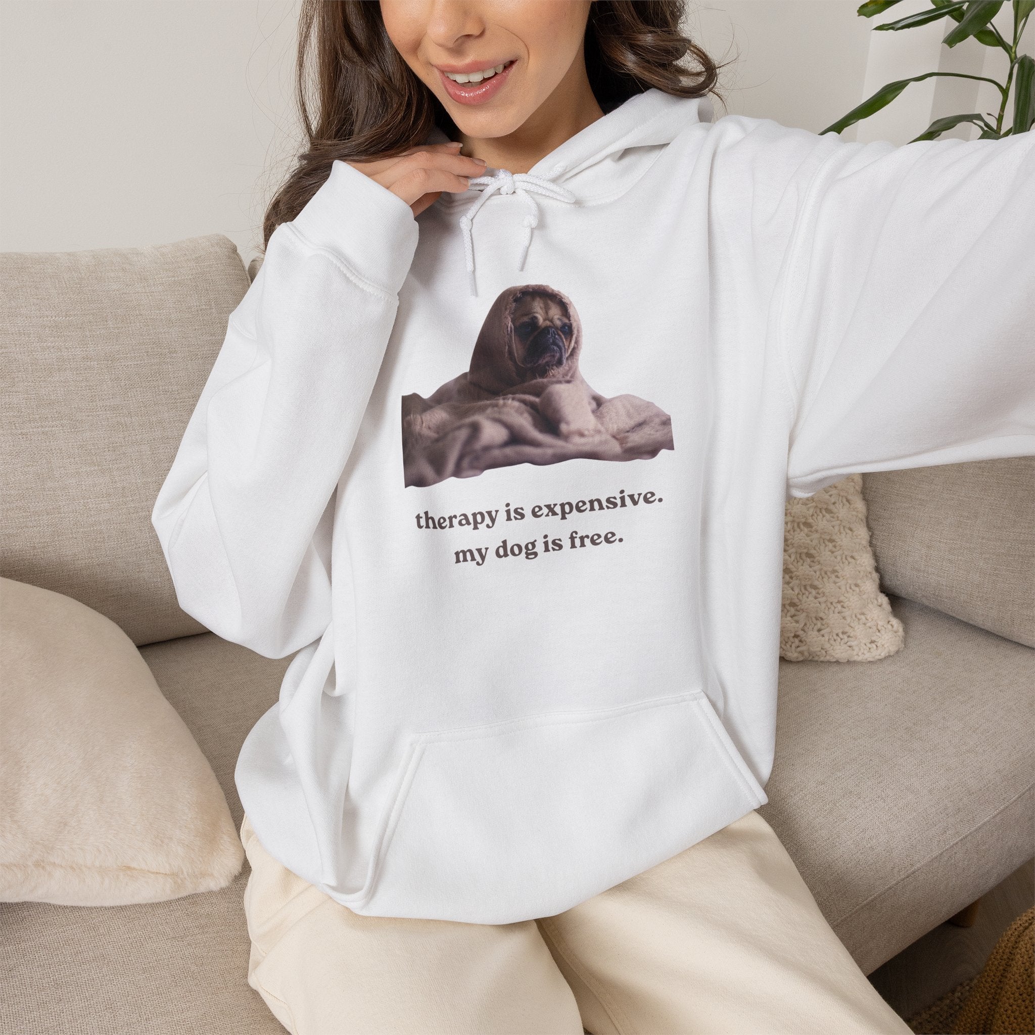 Dog Therapy Hoodie — "Therapy is expensive. My dog is free." Cozy Pet Lover Sweatshirt