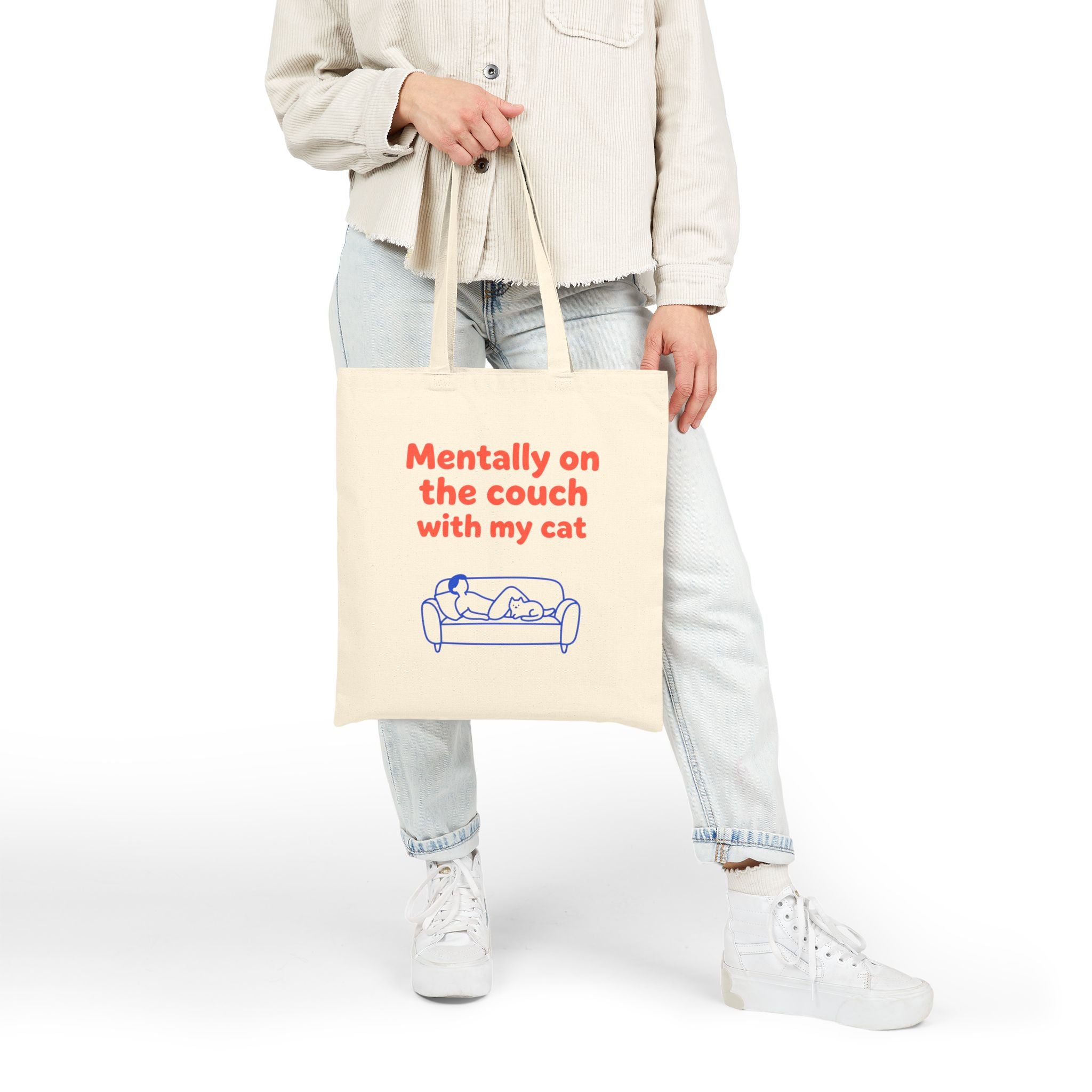 Cotton Tote Bag - "Mentally on the Couch with My Cat" Cute Cat Lover Canvas Tote