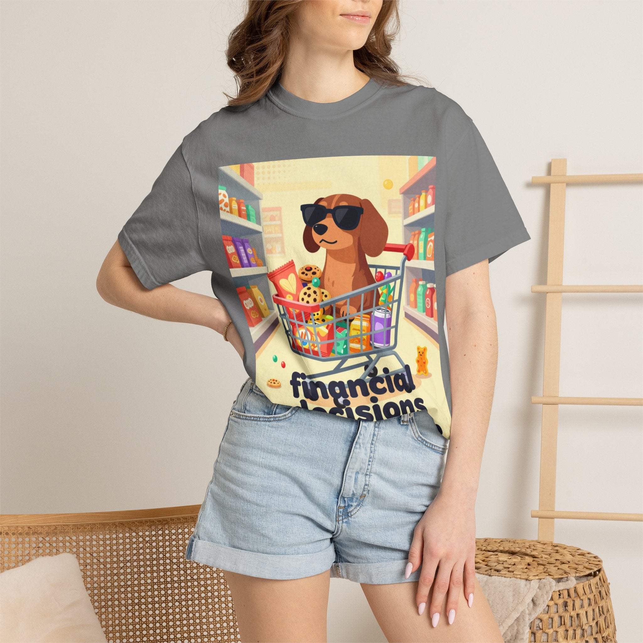Dog with Shopping Cart T-Shirt — “Financial Decisions Were Made” Funny Graphic Tee