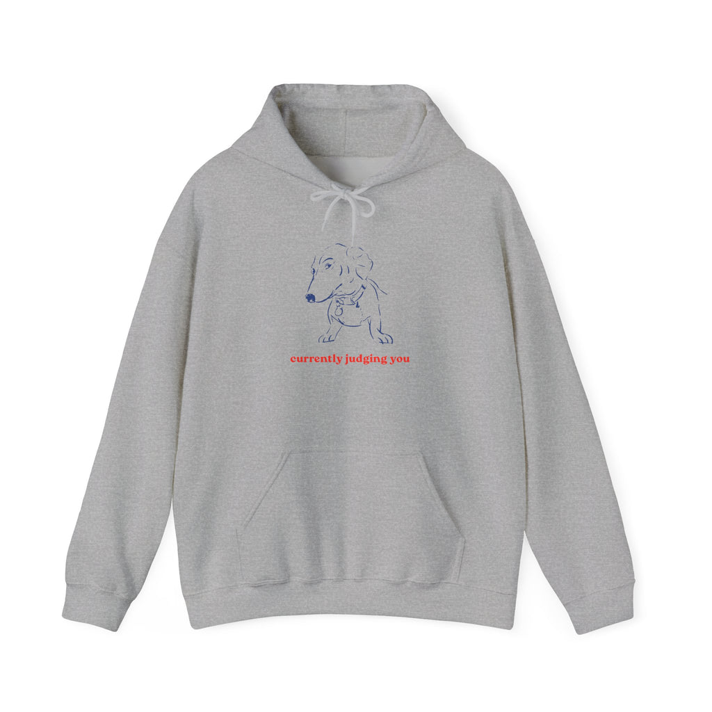 Hoodie — Minimal Line Dog Graphic "Currently Judging You"