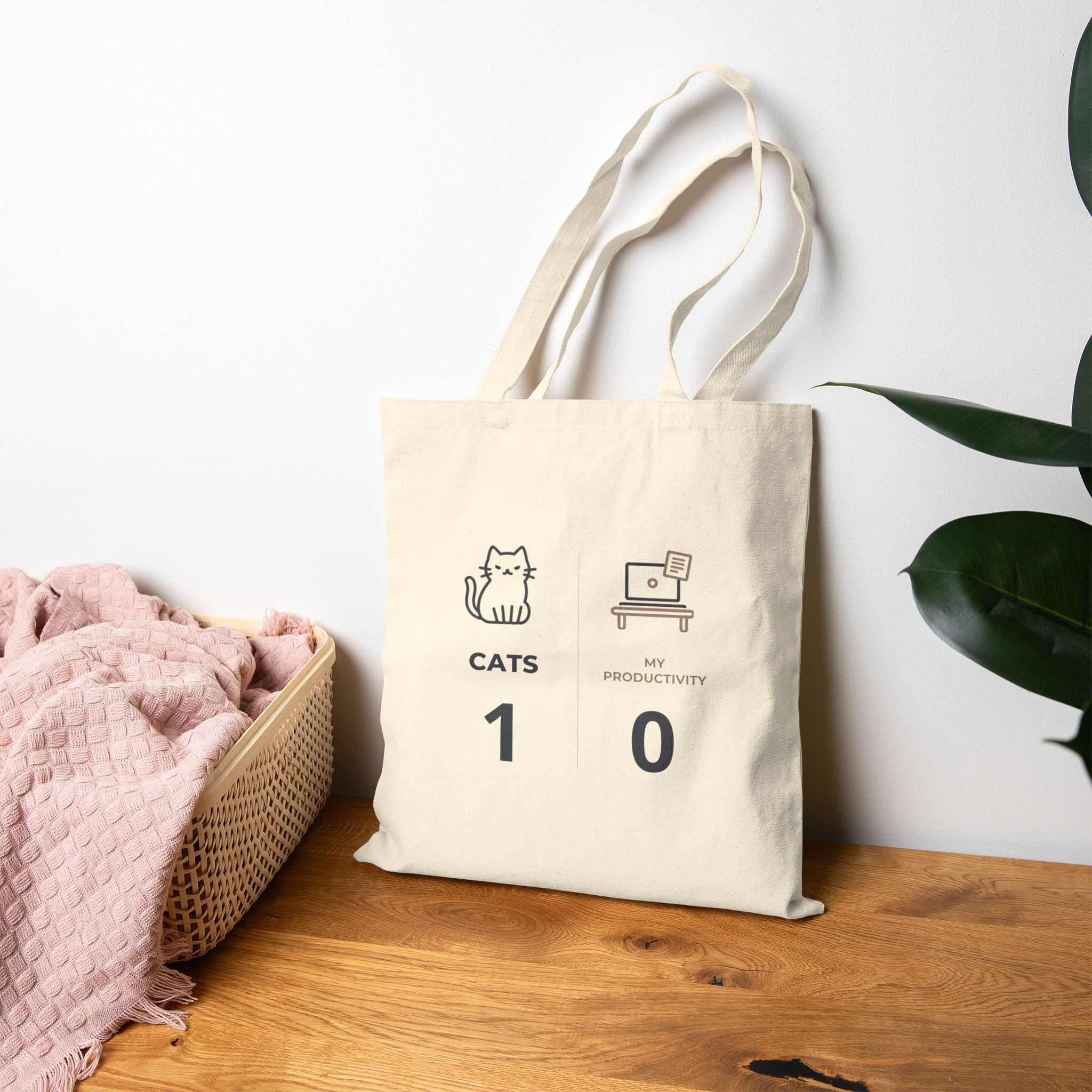 Tote Bag — "Cats 1, Productivity 0" Cute Cat Humor Canvas Tote