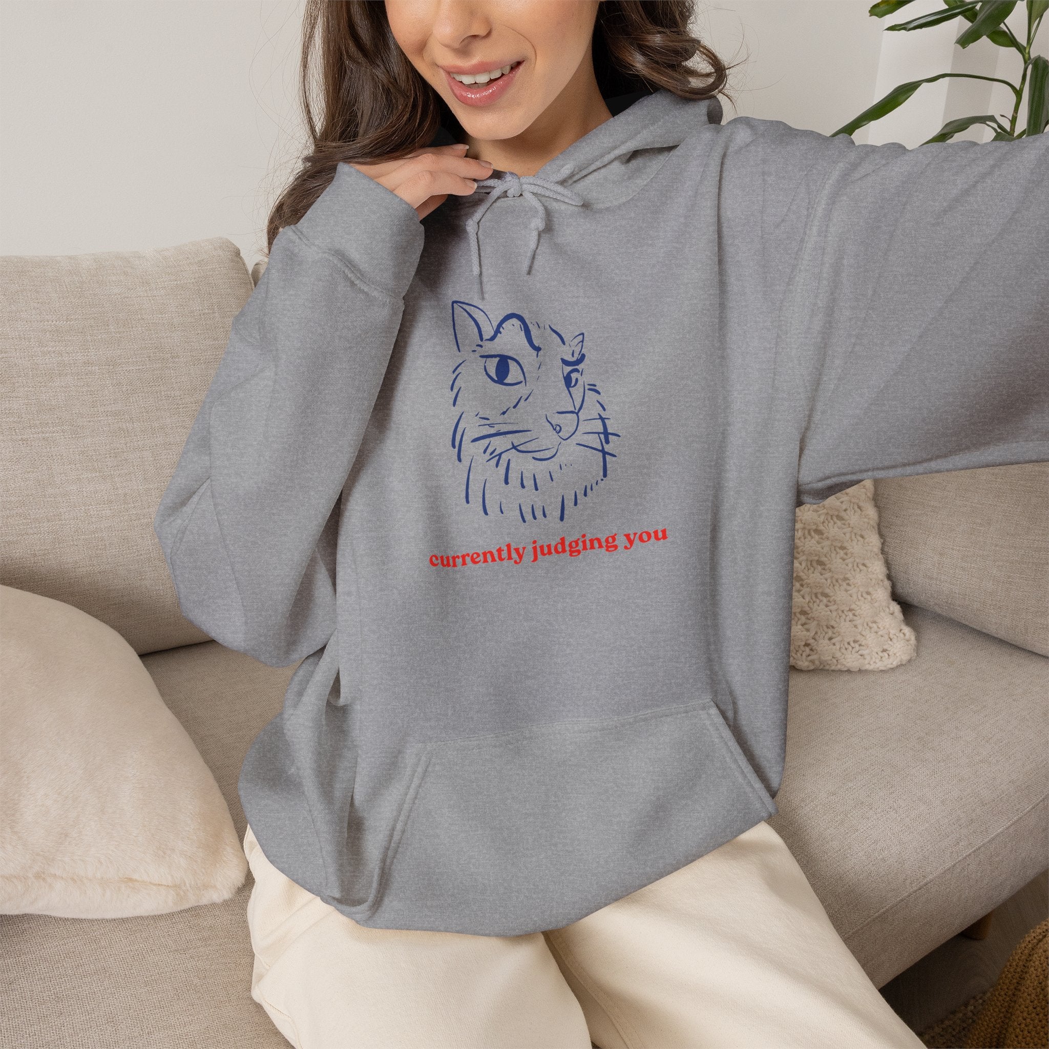 Cat Illustration Hoodie — "currently judging you" Minimal Graphic Sweatshirt