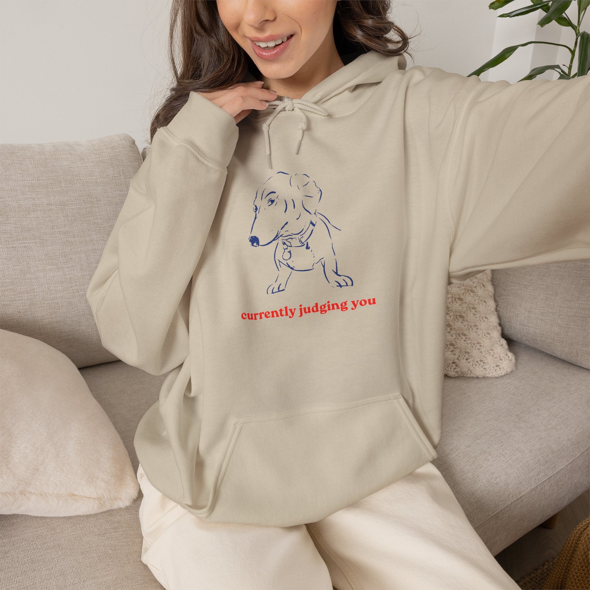Hoodie — Minimal Line Dog Graphic "Currently Judging You"