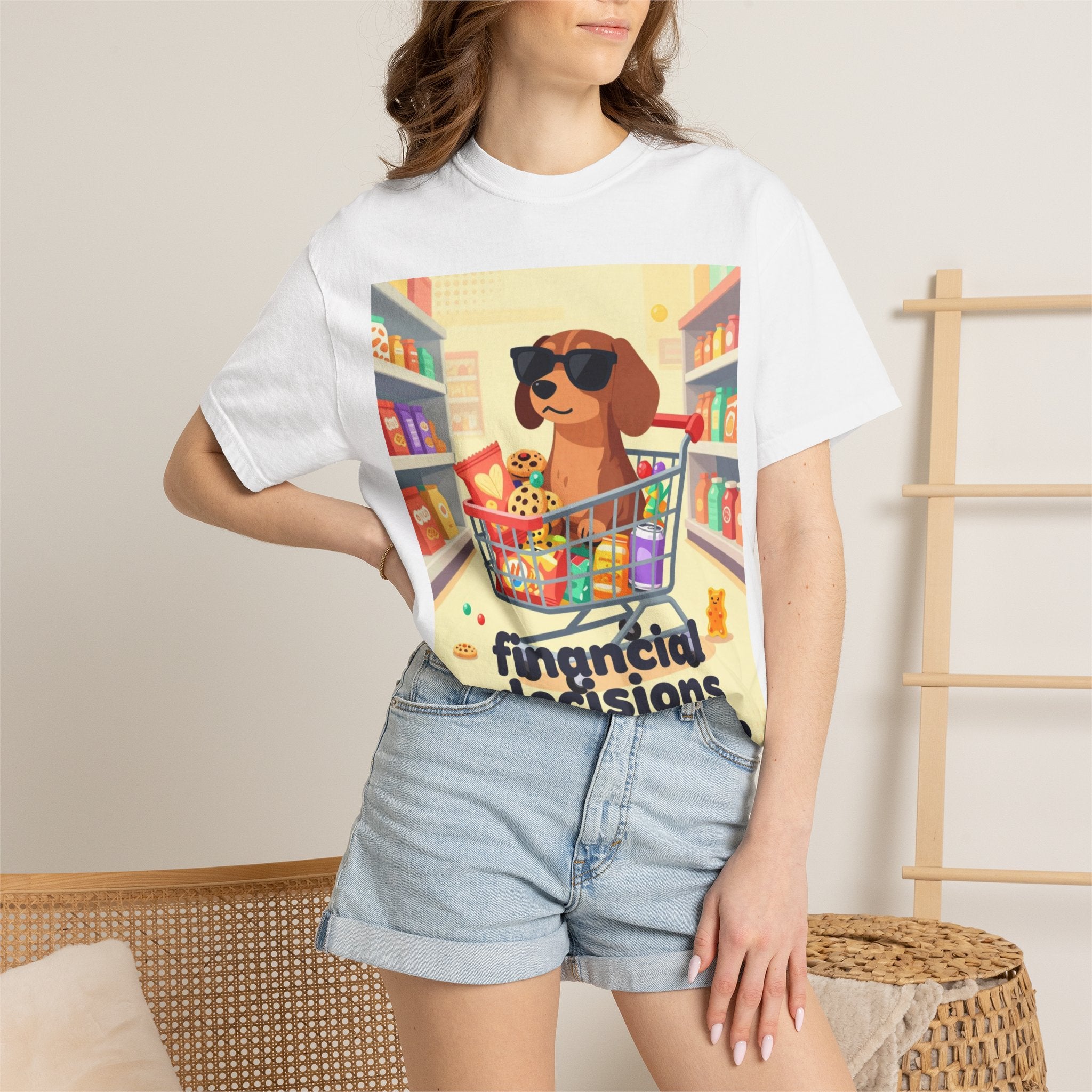 Dog with Shopping Cart T-Shirt — “Financial Decisions Were Made” Funny Graphic Tee
