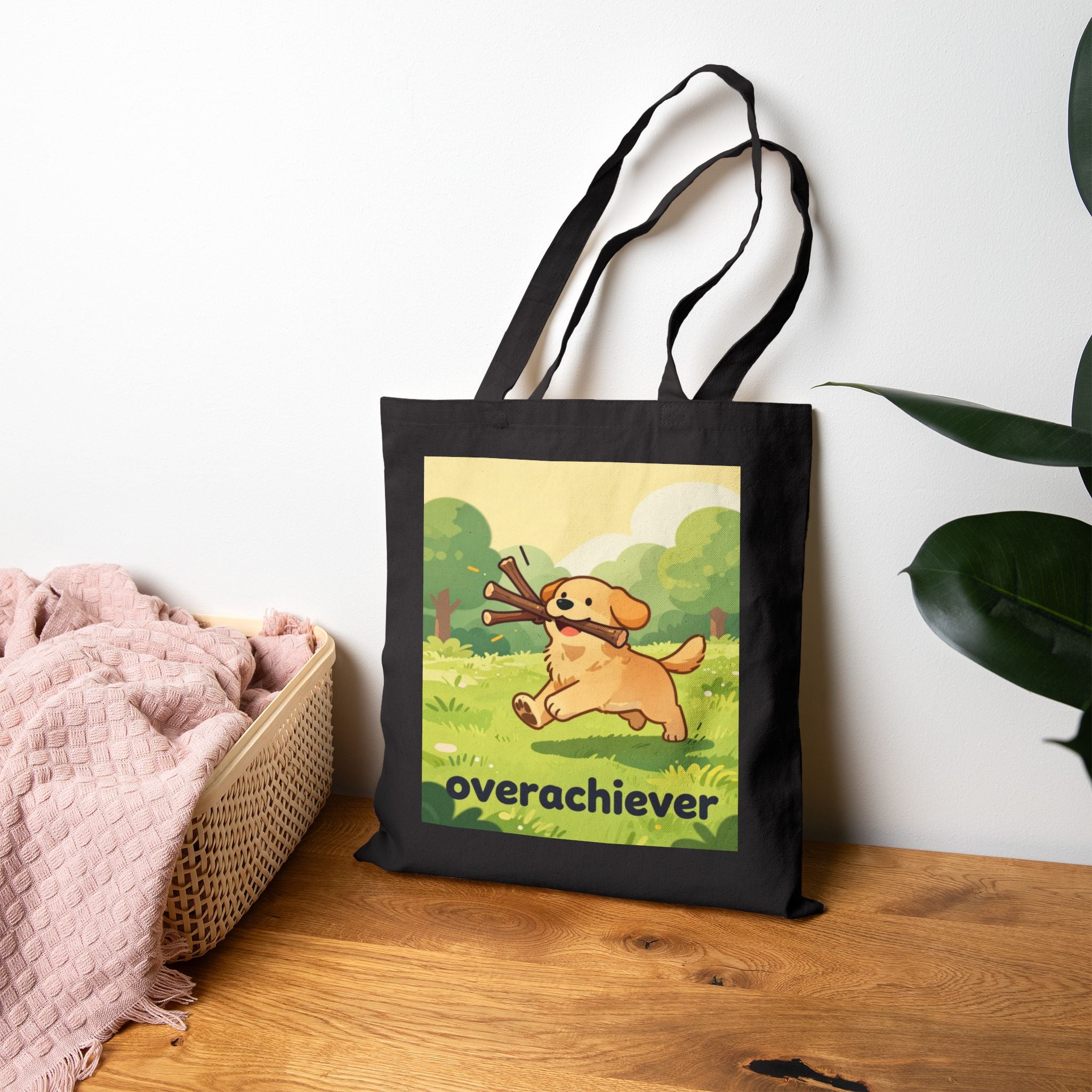 Canvas Tote Bag — 'Overachiever' Cute Golden Retriever Dog Print