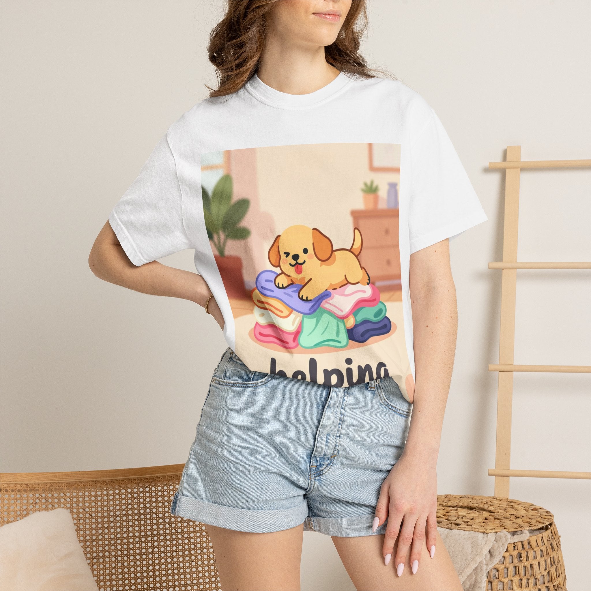 Helping Puppy T-Shirt — Cute Dog on Laundry Graphic Tee