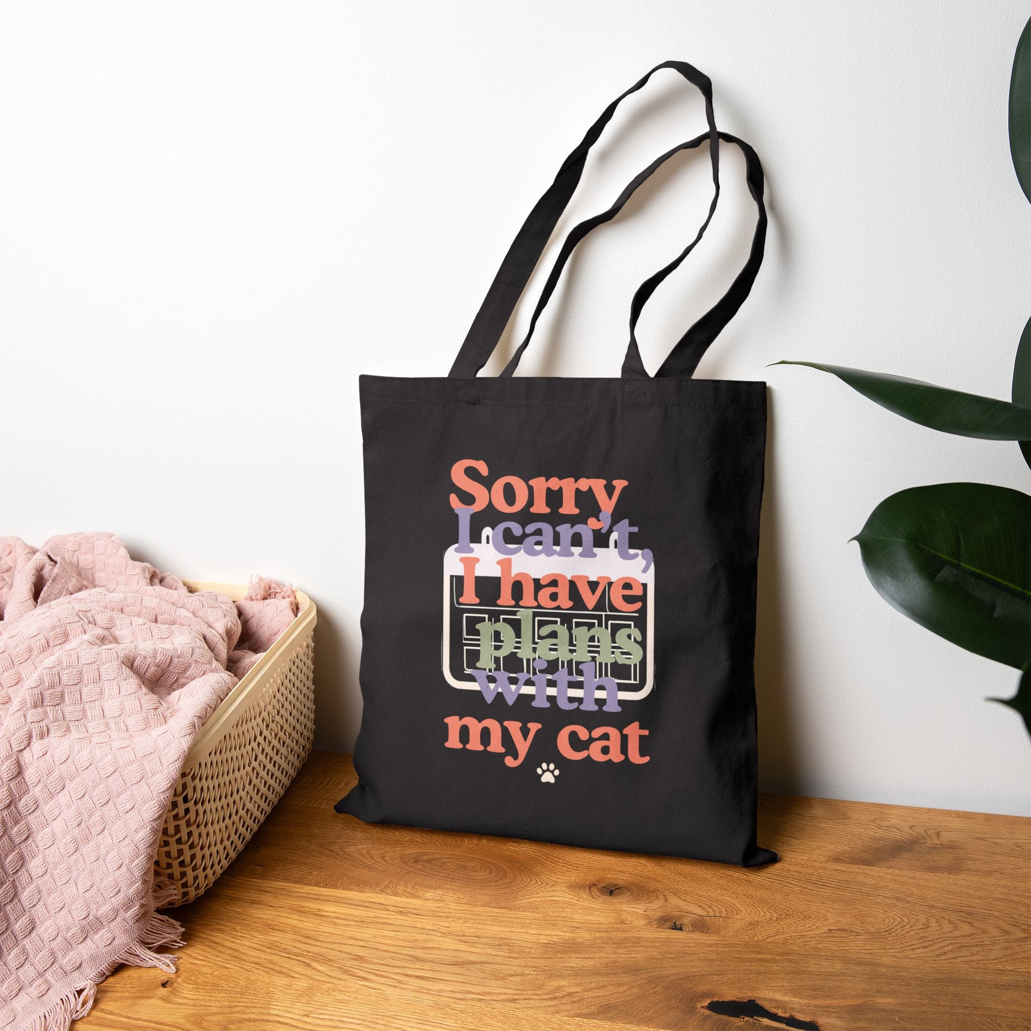 Tote Bag — “Sorry I can’t, I have plans with my cat” Canvas Cat Lover Tote