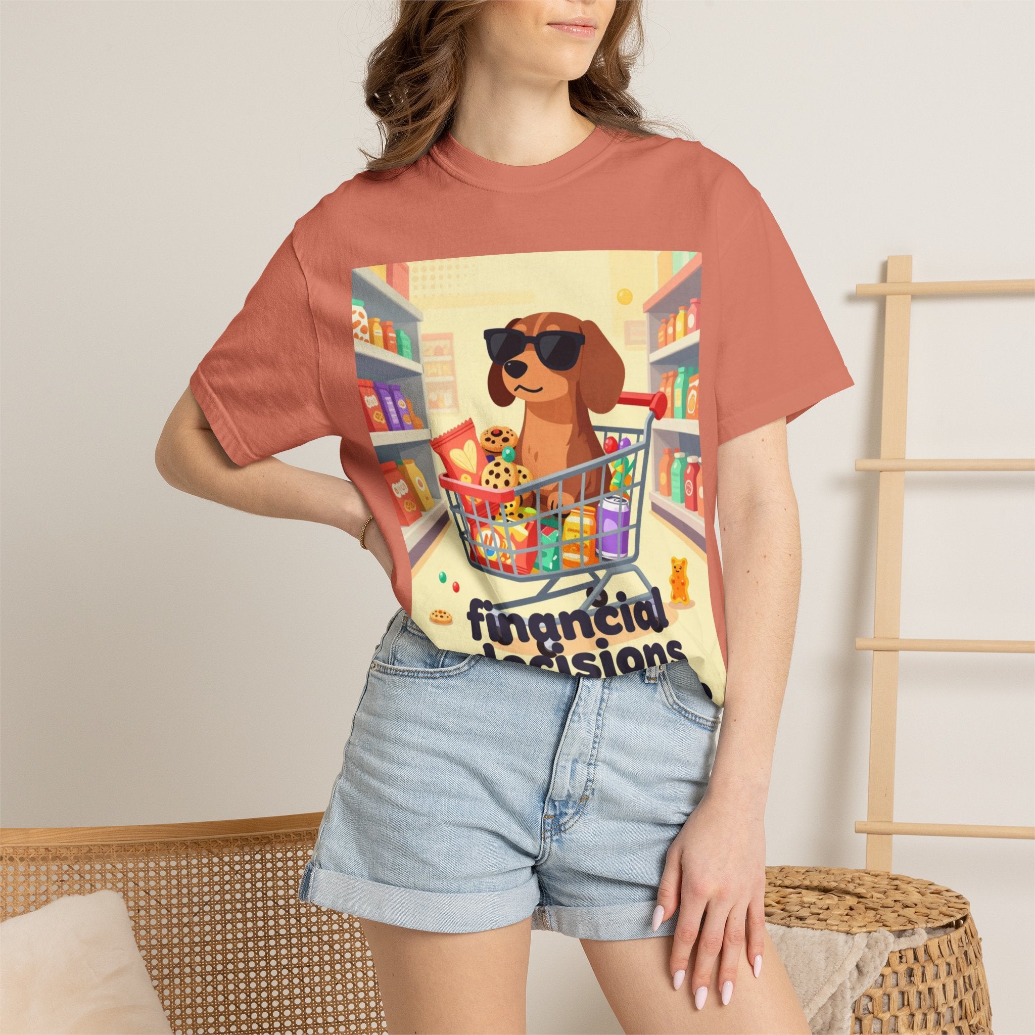 Dog with Shopping Cart T-Shirt — “Financial Decisions Were Made” Funny Graphic Tee