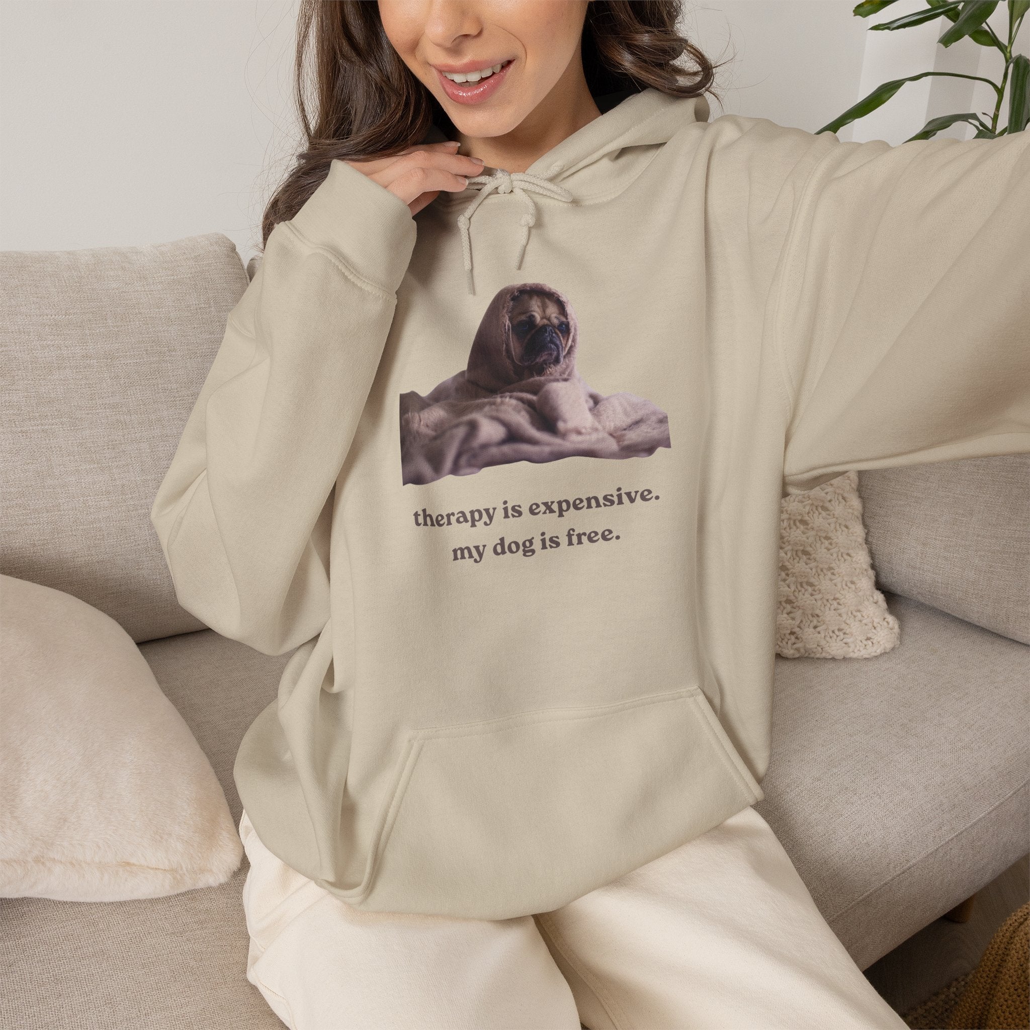 Dog Therapy Hoodie — "Therapy is expensive. My dog is free." Cozy Pet Lover Sweatshirt