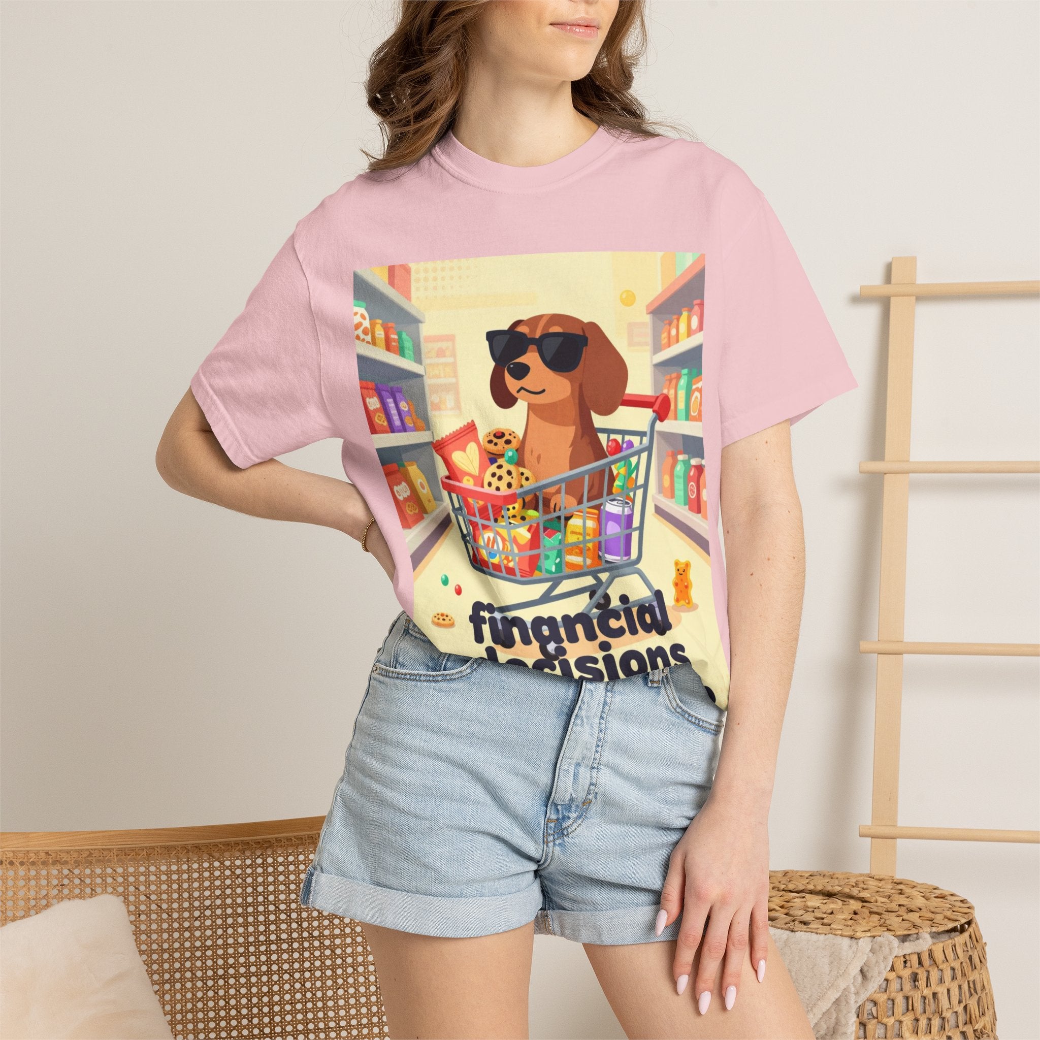 Dog with Shopping Cart T-Shirt — “Financial Decisions Were Made” Funny Graphic Tee