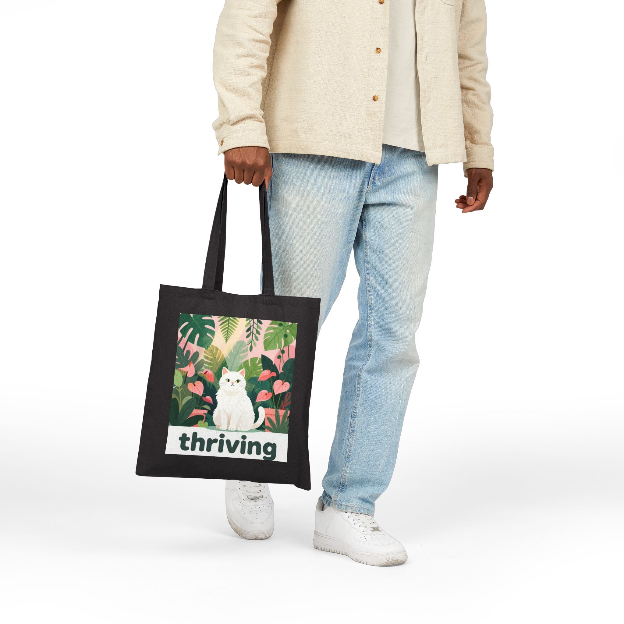 Tote Bag — 'Thriving' Cat in Tropical Garden Canvas Tote
