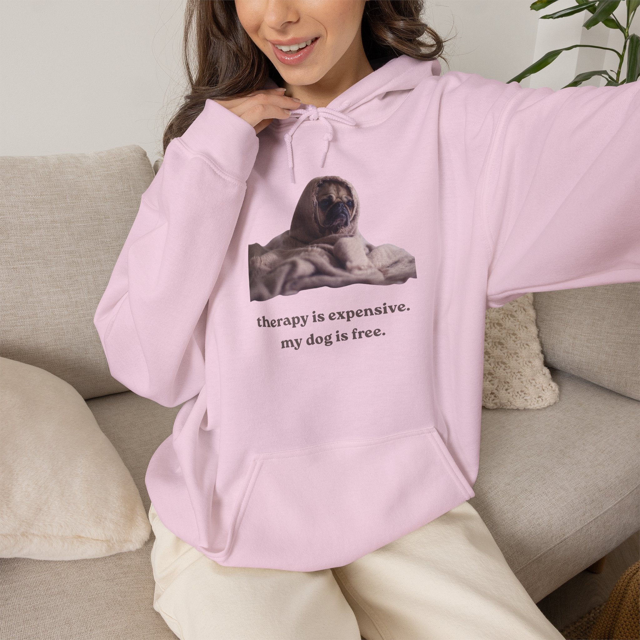 Dog Therapy Hoodie — "Therapy is expensive. My dog is free." Cozy Pet Lover Sweatshirt
