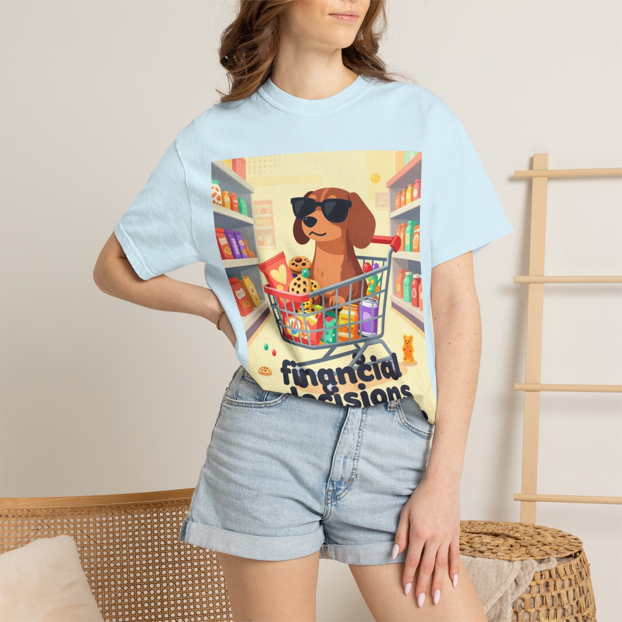 Dog with Shopping Cart T-Shirt — “Financial Decisions Were Made” Funny Graphic Tee