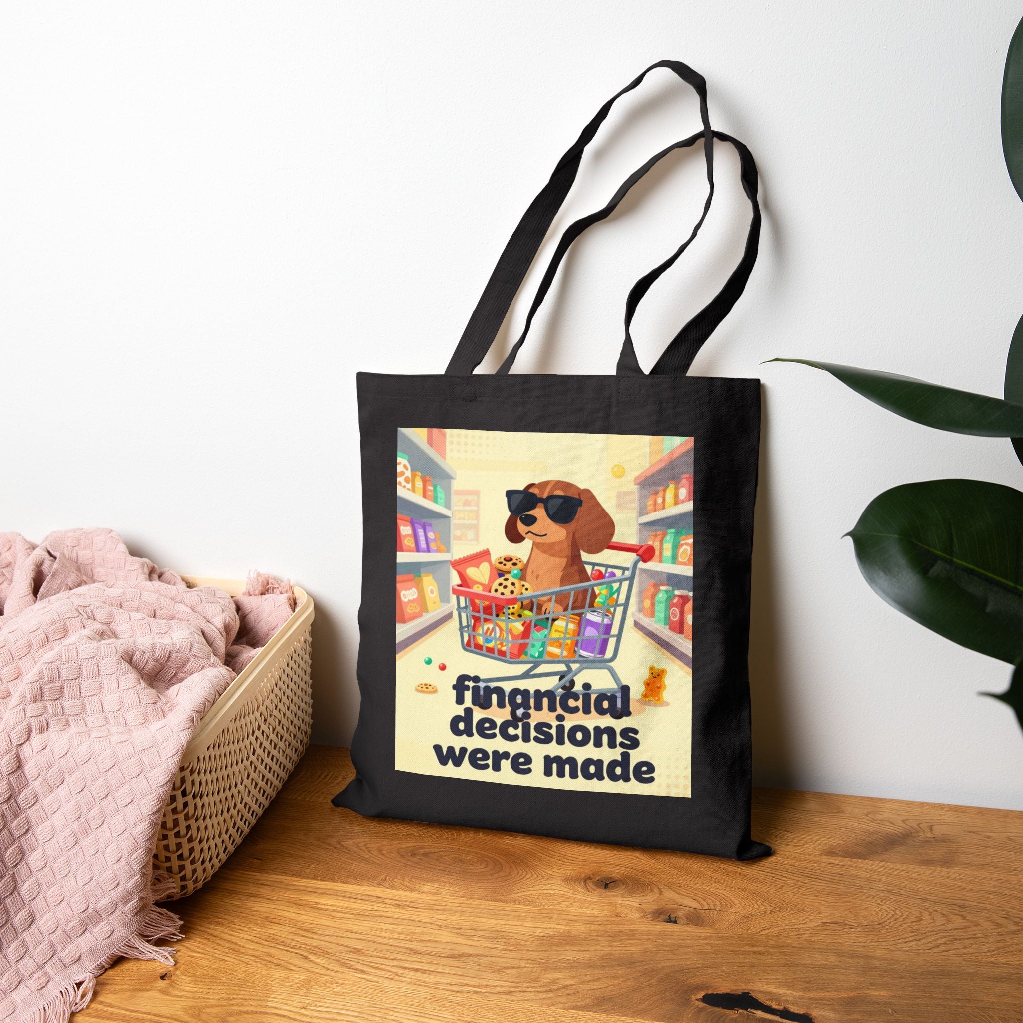 Tote Bag — "Financial Decisions Were Made" Dog Shopping Canvas Tote