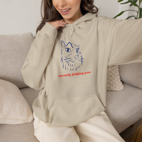 Cat Illustration Hoodie — "currently judging you" Minimal Graphic Sweatshirt