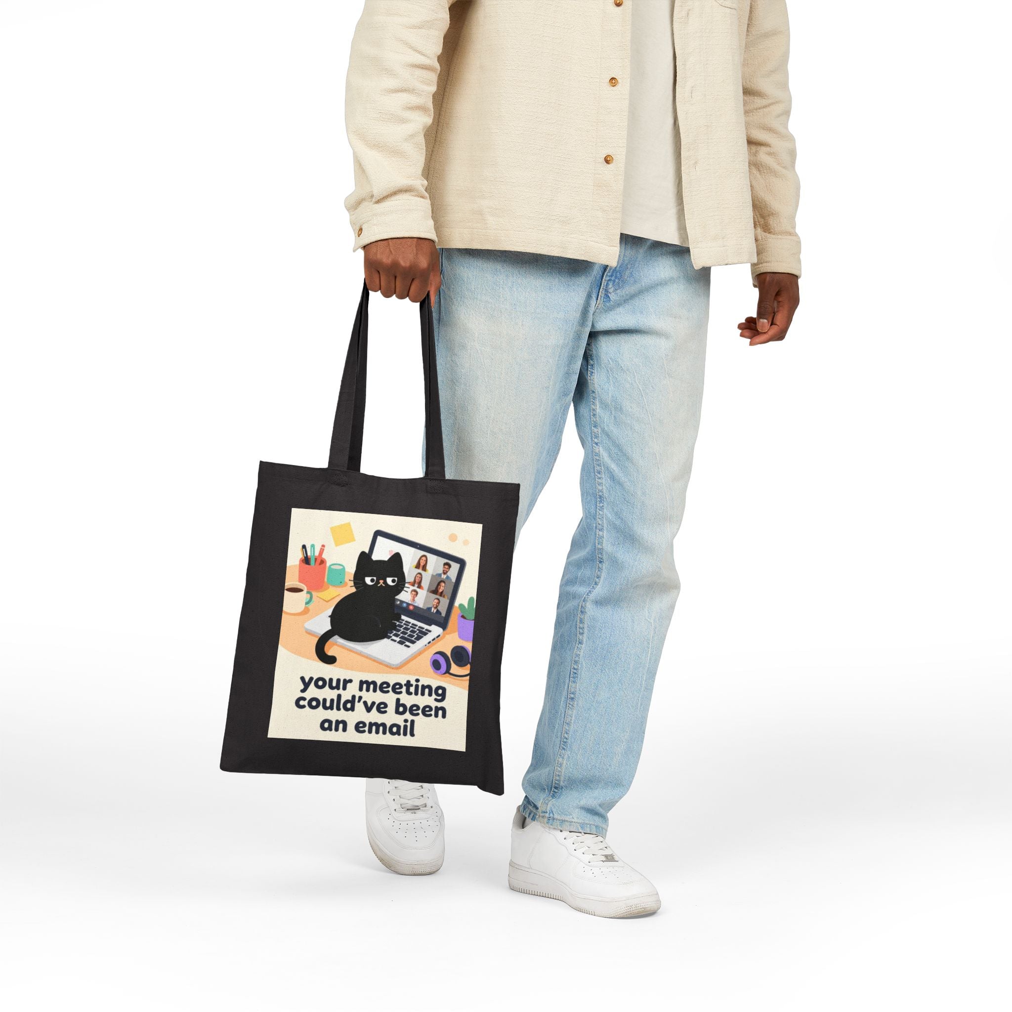 Tote Bag — "Your Meeting Could've Been an Email" Cute Black Cat Work Humor Canvas Tote