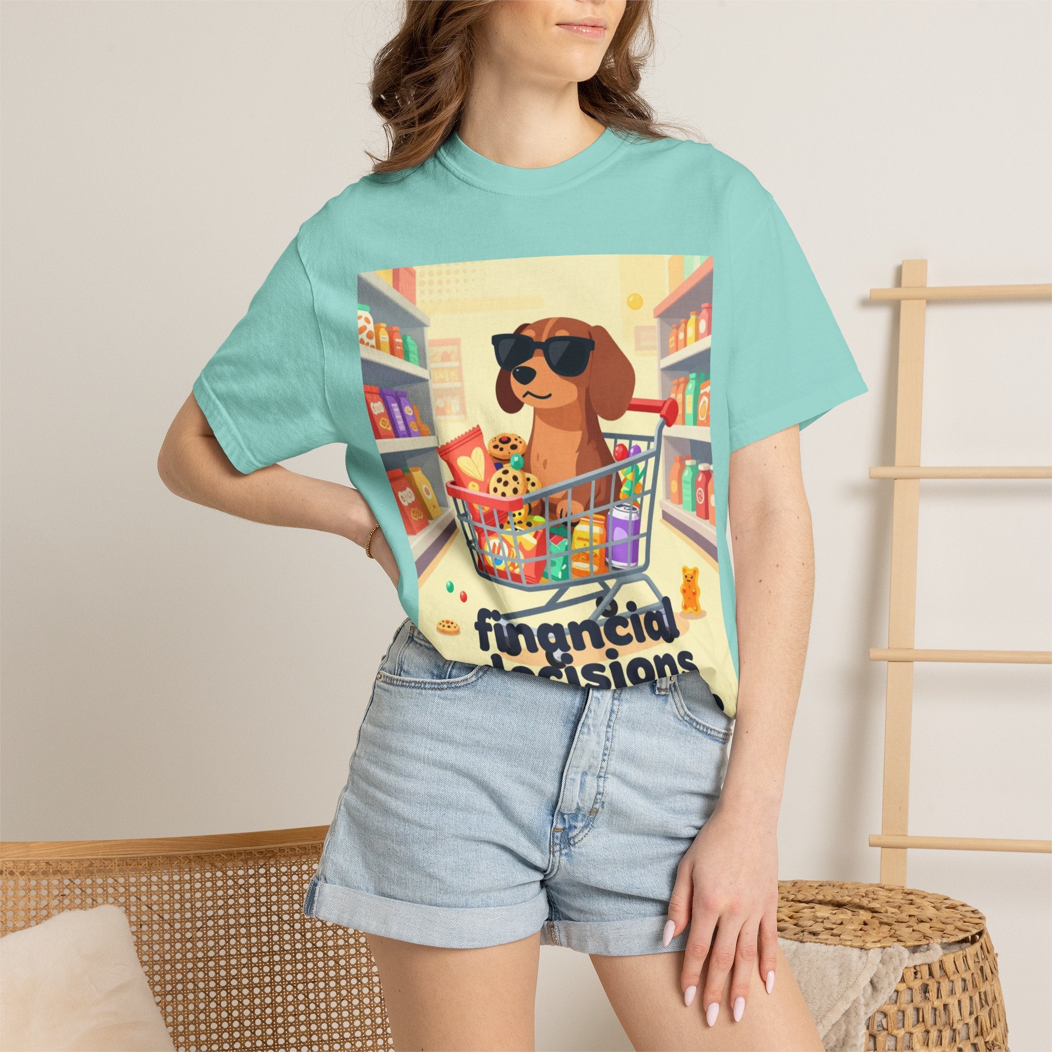Dog with Shopping Cart T-Shirt — “Financial Decisions Were Made” Funny Graphic Tee