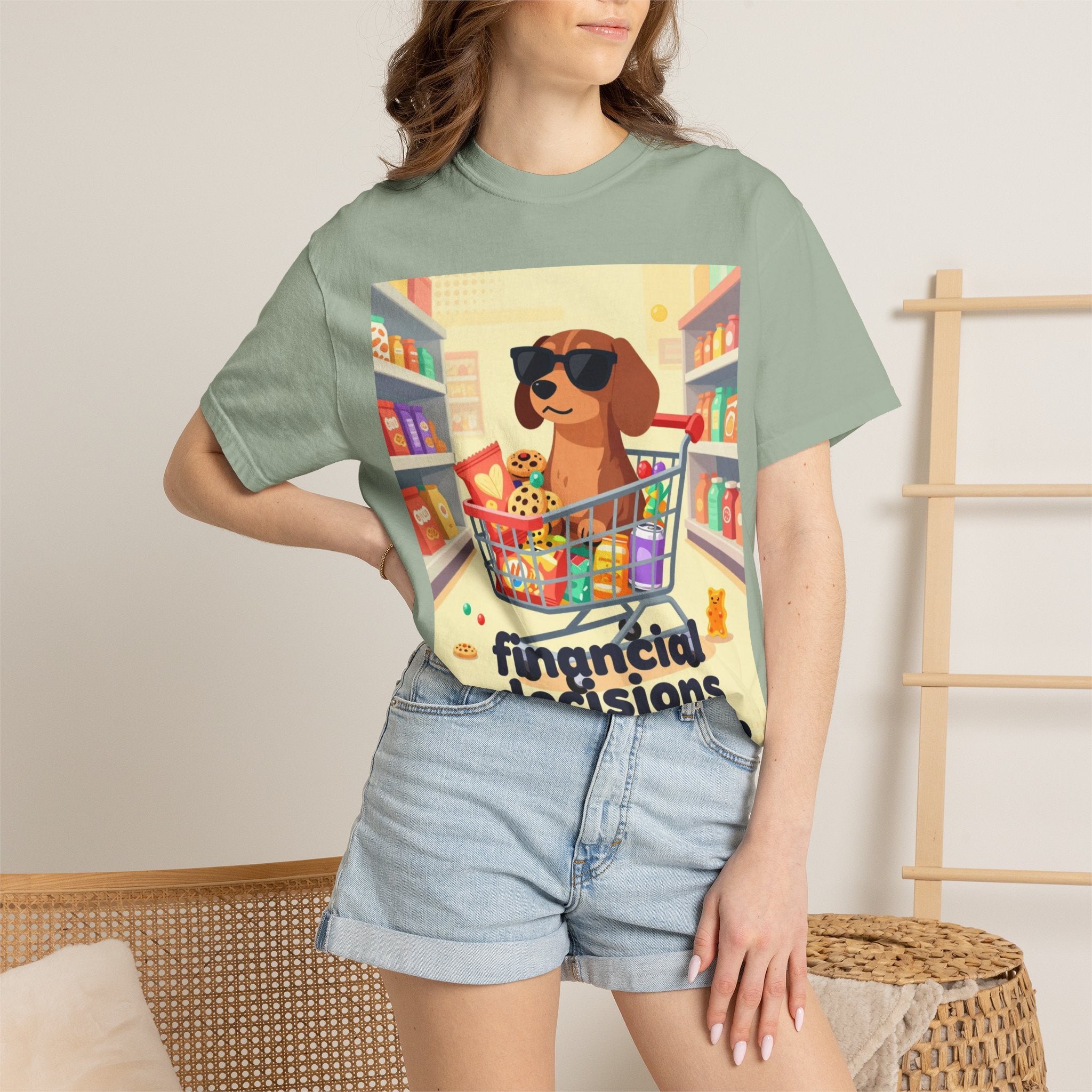Dog with Shopping Cart T-Shirt — “Financial Decisions Were Made” Funny Graphic Tee