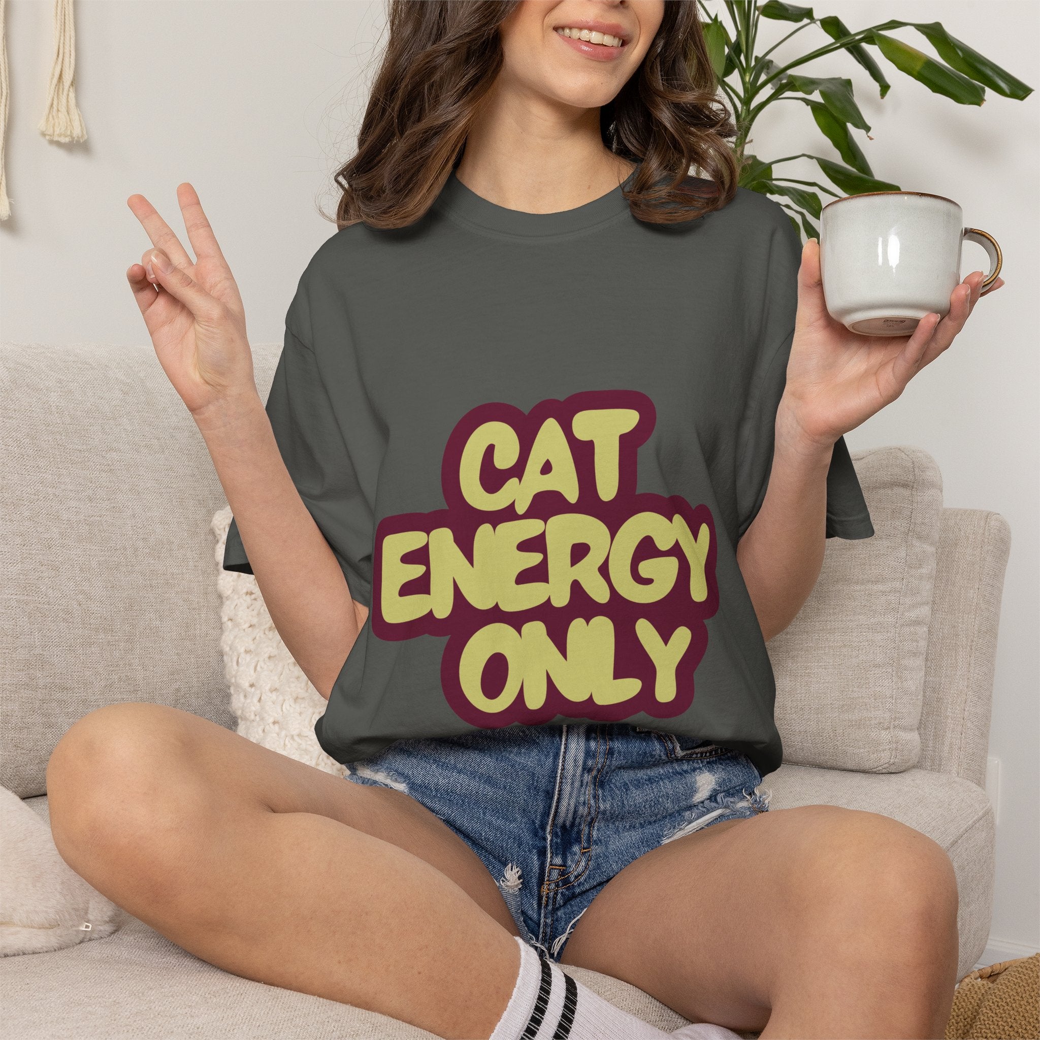 Cat Energy Only T-Shirt | Funny Retro Cat Lover Tee | Cozy Garment-Dyed Cat Mom Graphic Shirt