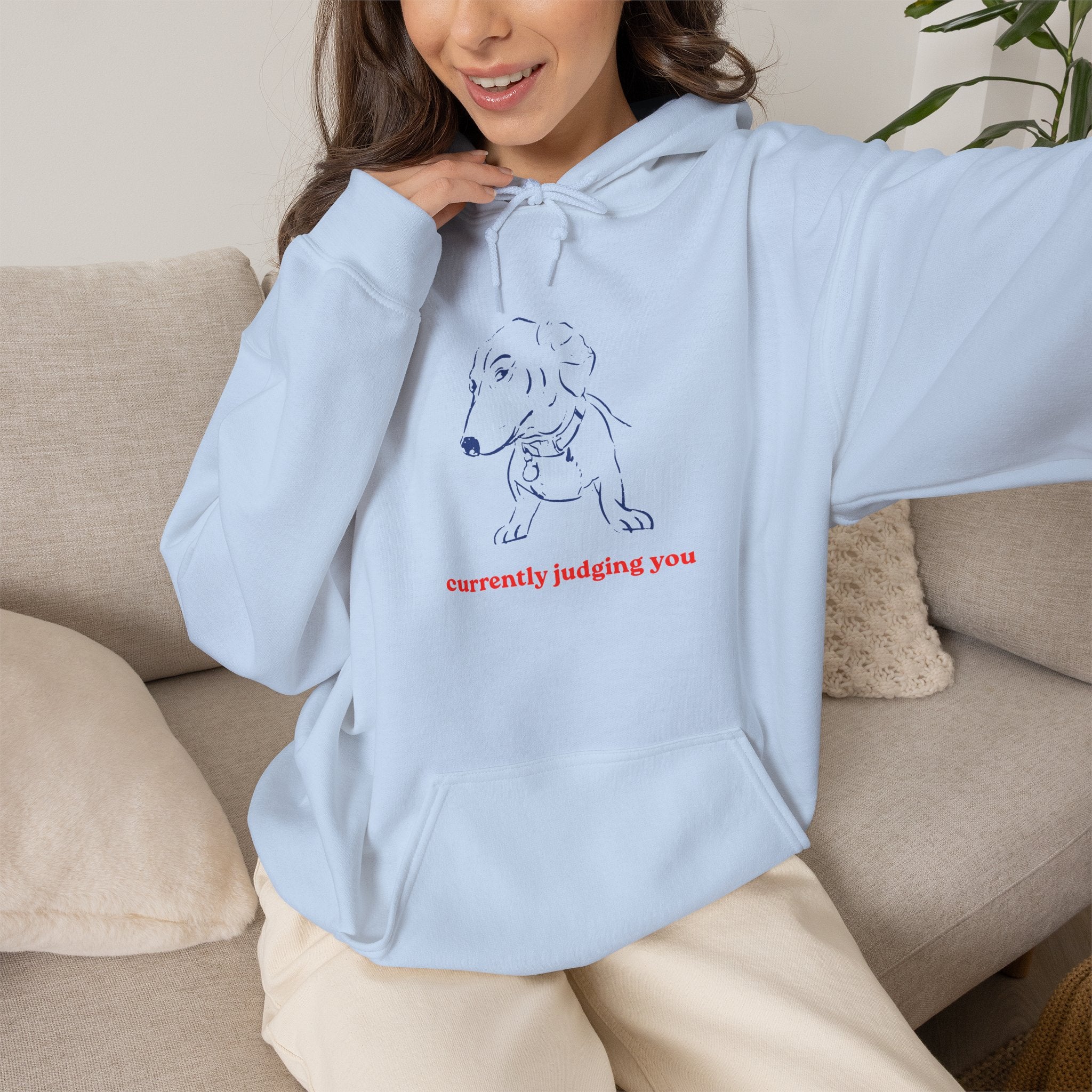 Hoodie — Minimal Line Dog Graphic "Currently Judging You"
