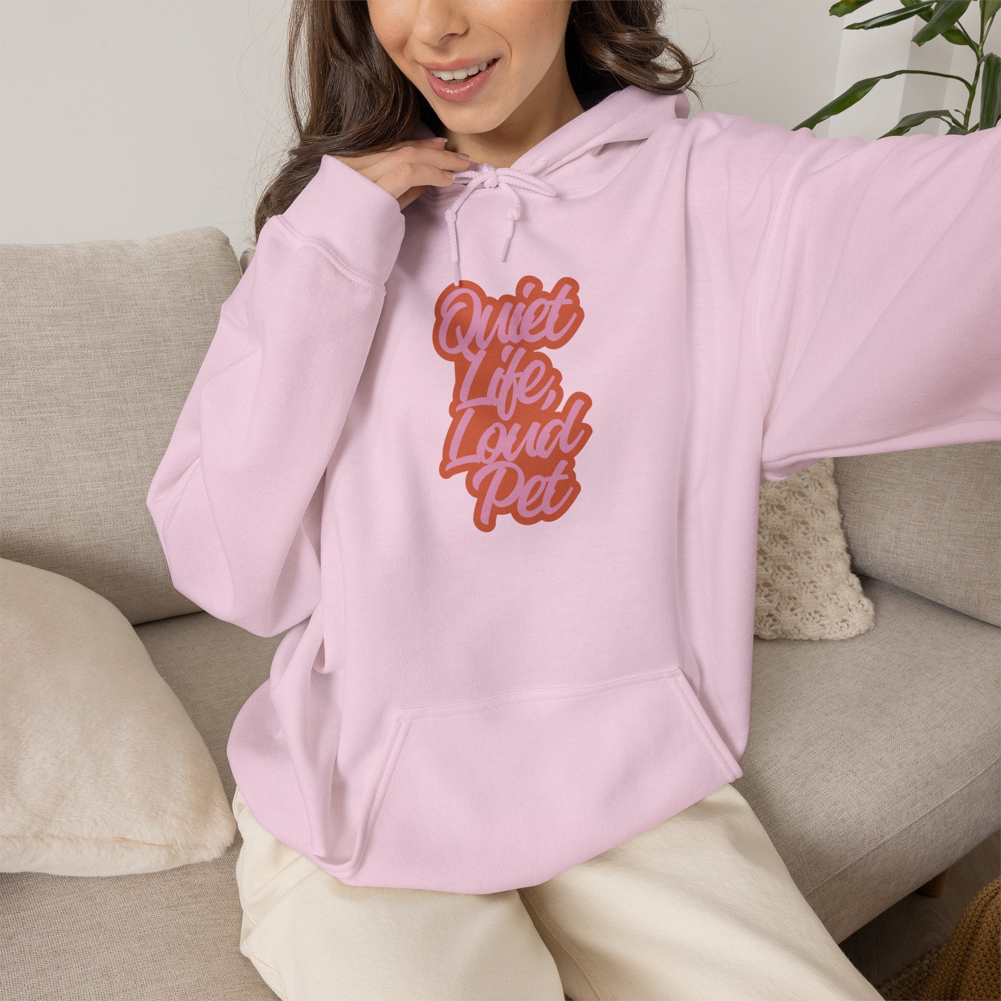 "Quiet Life, Loud Pet" Retro Script Hoodie — Funny Pet Lover Sweatshirt, Cozy Gift for Dog Moms & Cat Moms