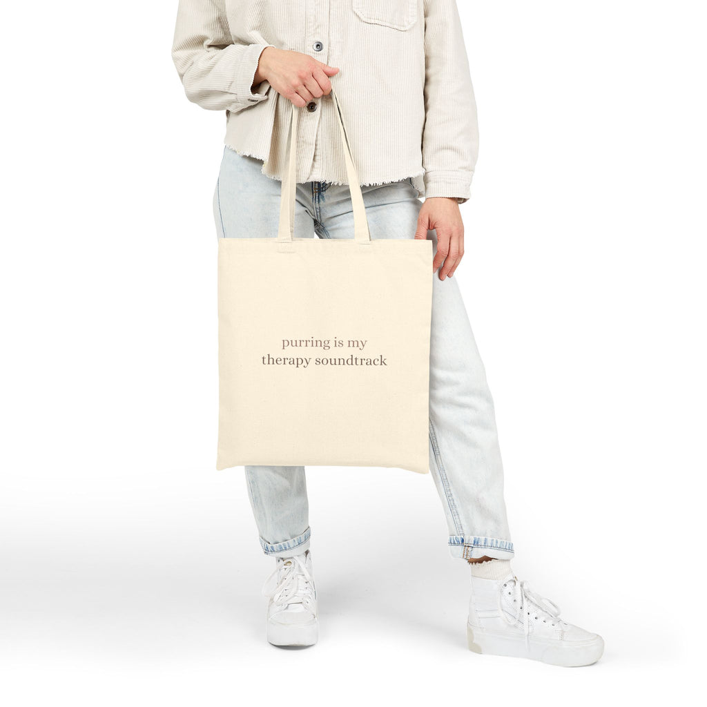 Tote Bag — “Purring Is My Therapy Soundtrack” Cotton Canvas Cat Lover Tote