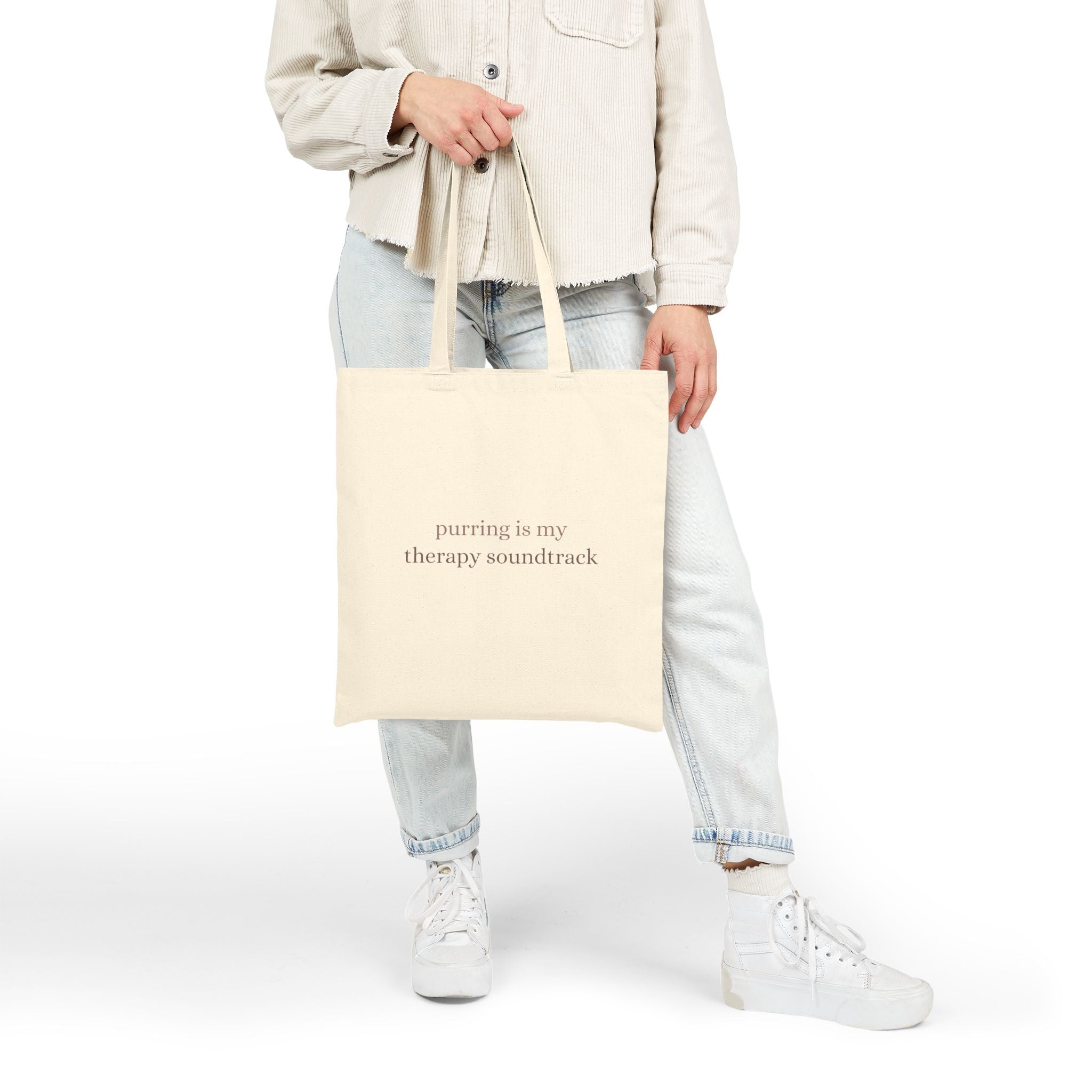 Tote Bag — “Purring Is My Therapy Soundtrack” Cotton Canvas Cat Lover Tote
