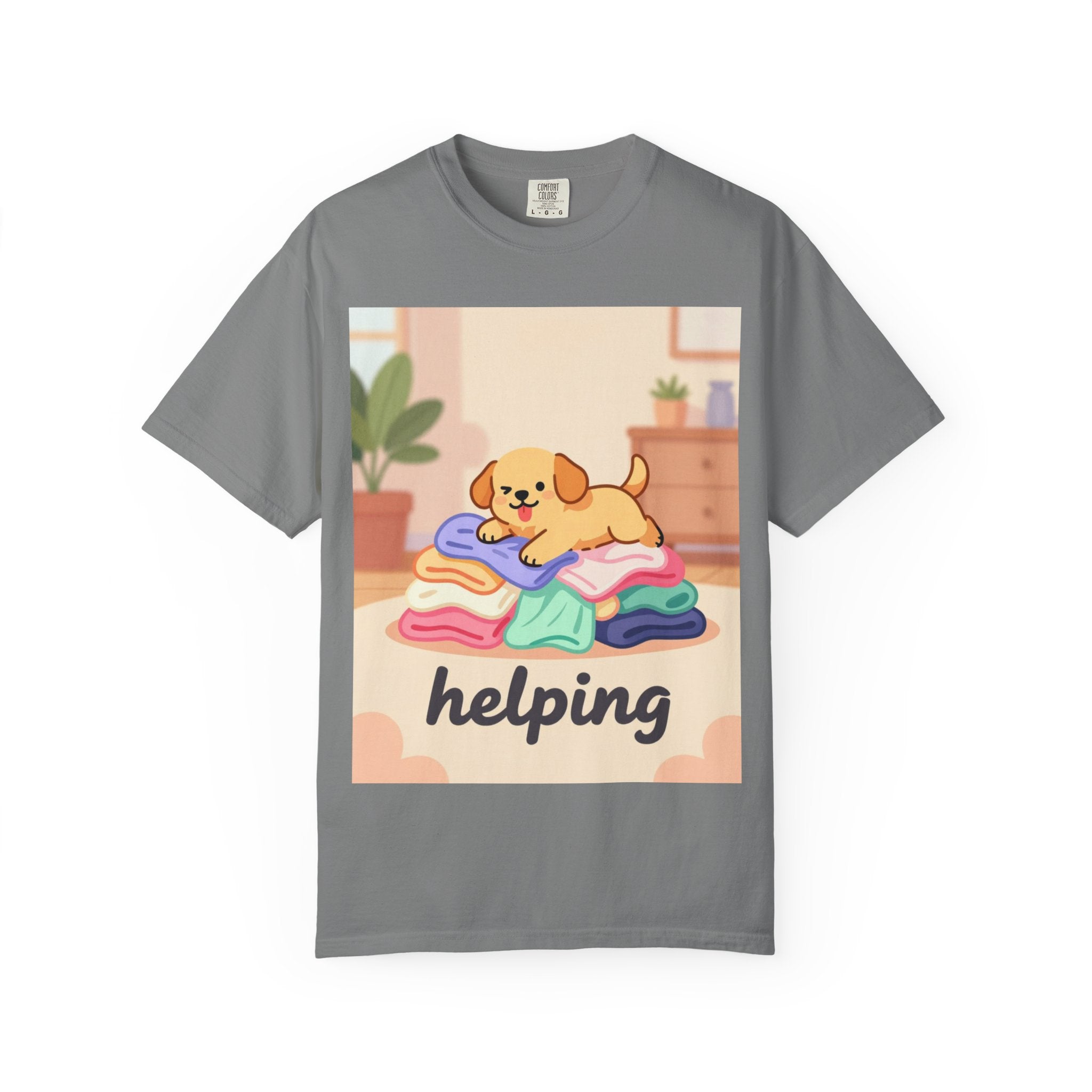 Helping Puppy T-Shirt — Cute Dog on Laundry Graphic Tee