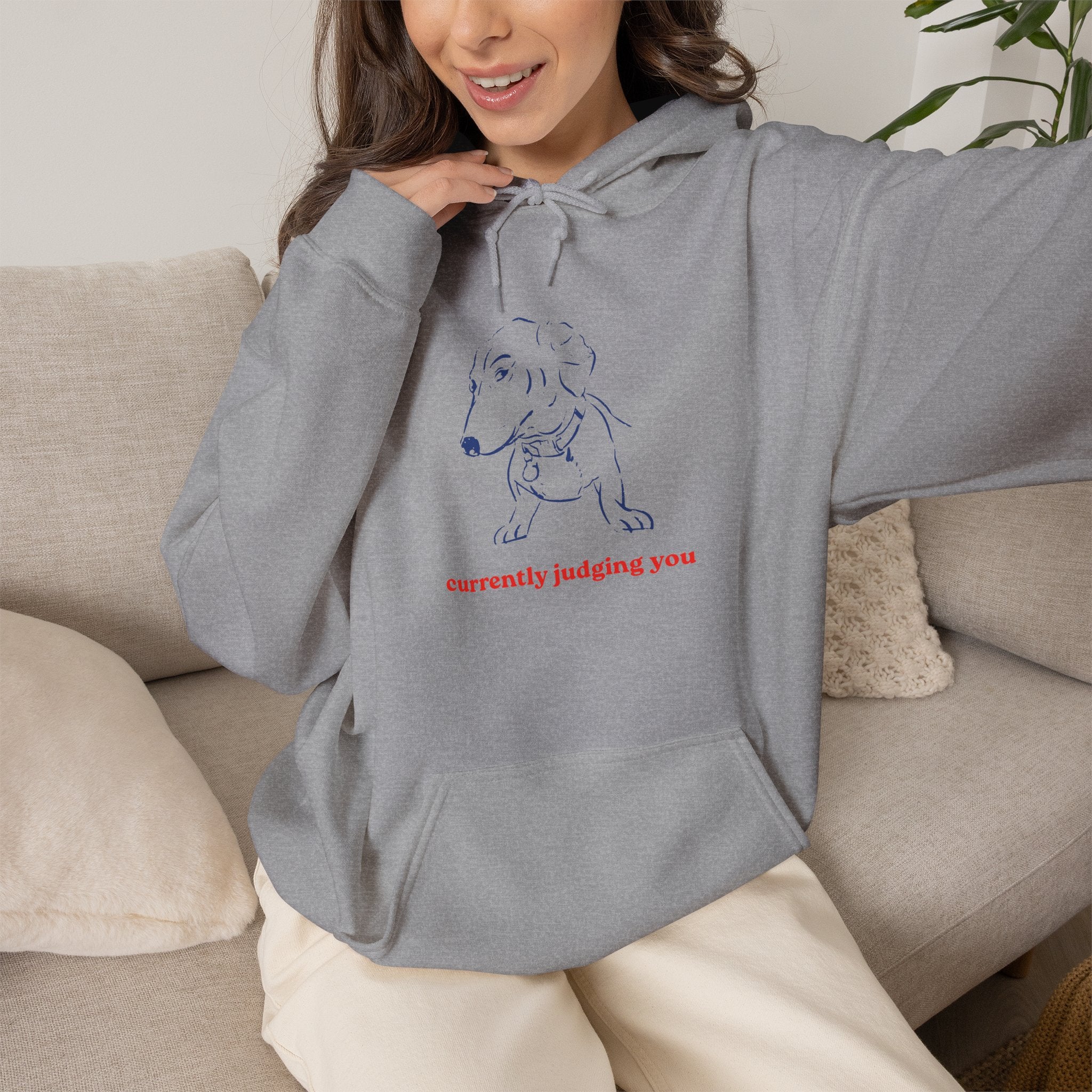 Hoodie — Minimal Line Dog Graphic "Currently Judging You"