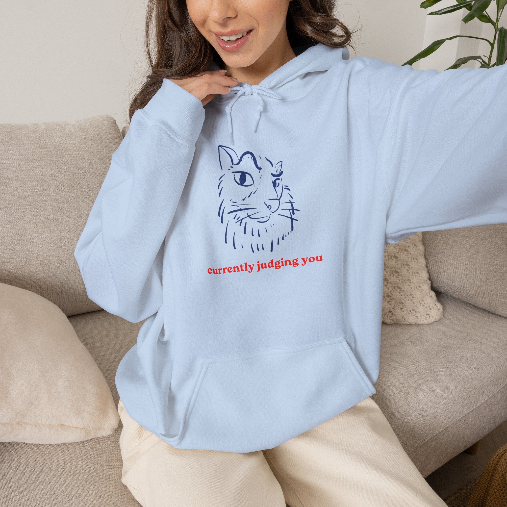 Cat Illustration Hoodie — "currently judging you" Minimal Graphic Sweatshirt