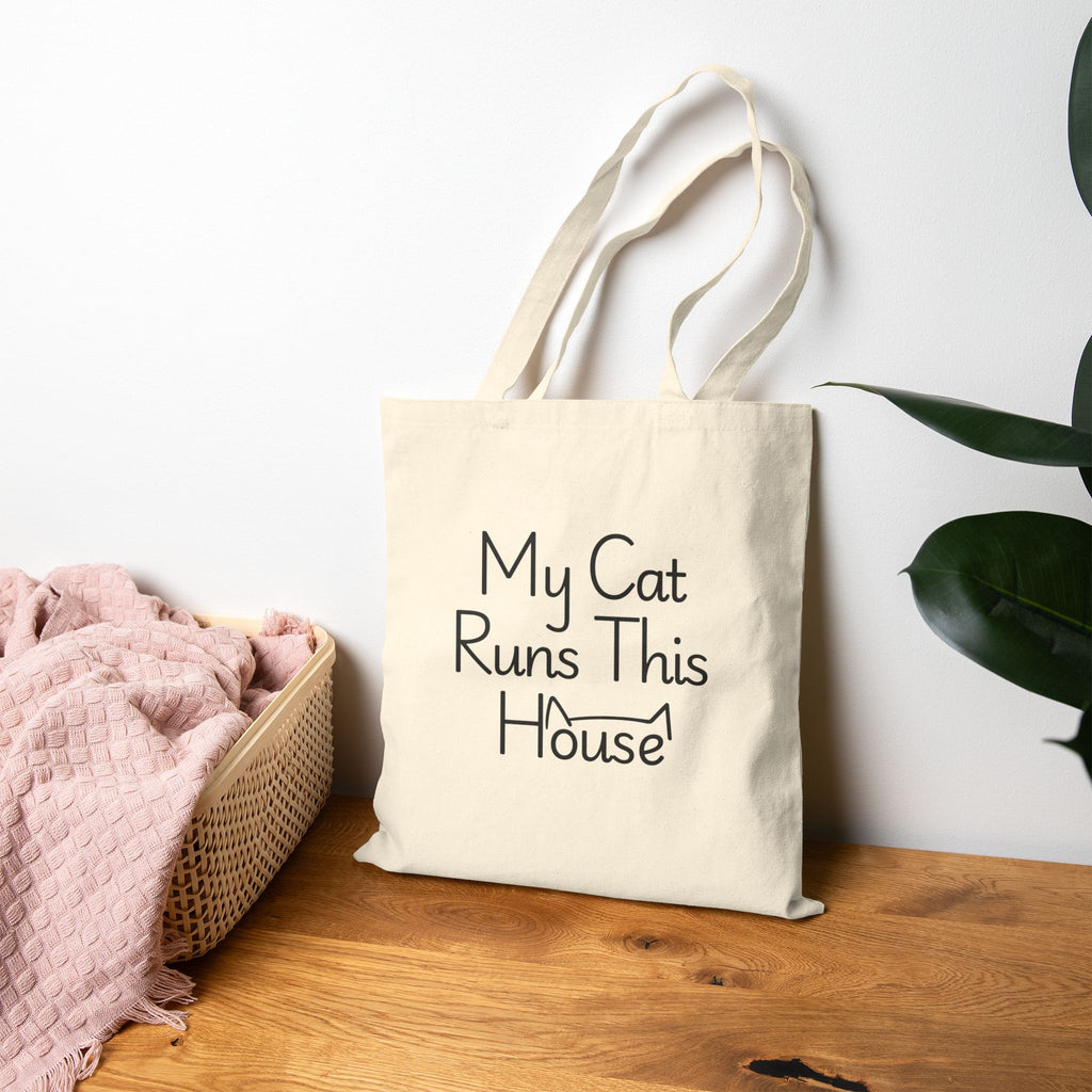 Tote Bag — "My Cat Runs This House" Cotton Canvas Cat Lover Tote