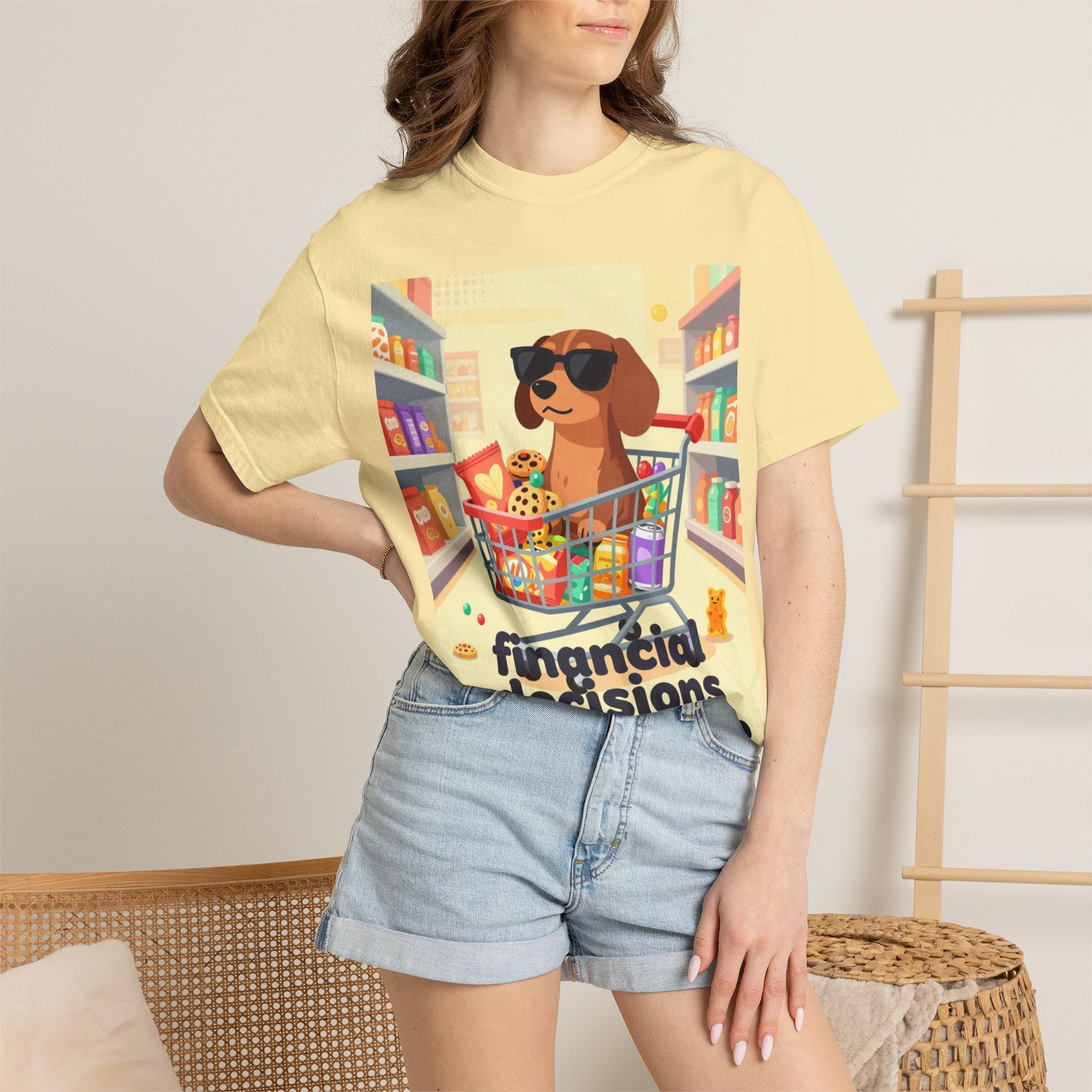 Dog with Shopping Cart T-Shirt — “Financial Decisions Were Made” Funny Graphic Tee