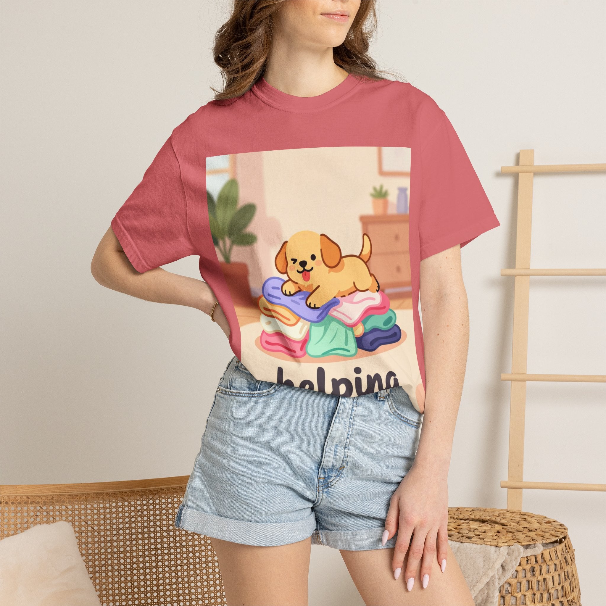 Helping Puppy T-Shirt — Cute Dog on Laundry Graphic Tee