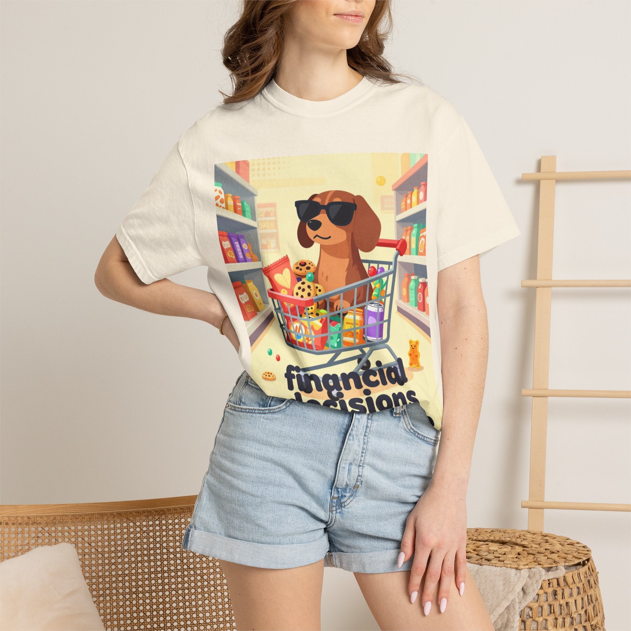 Dog with Shopping Cart T-Shirt — “Financial Decisions Were Made” Funny Graphic Tee