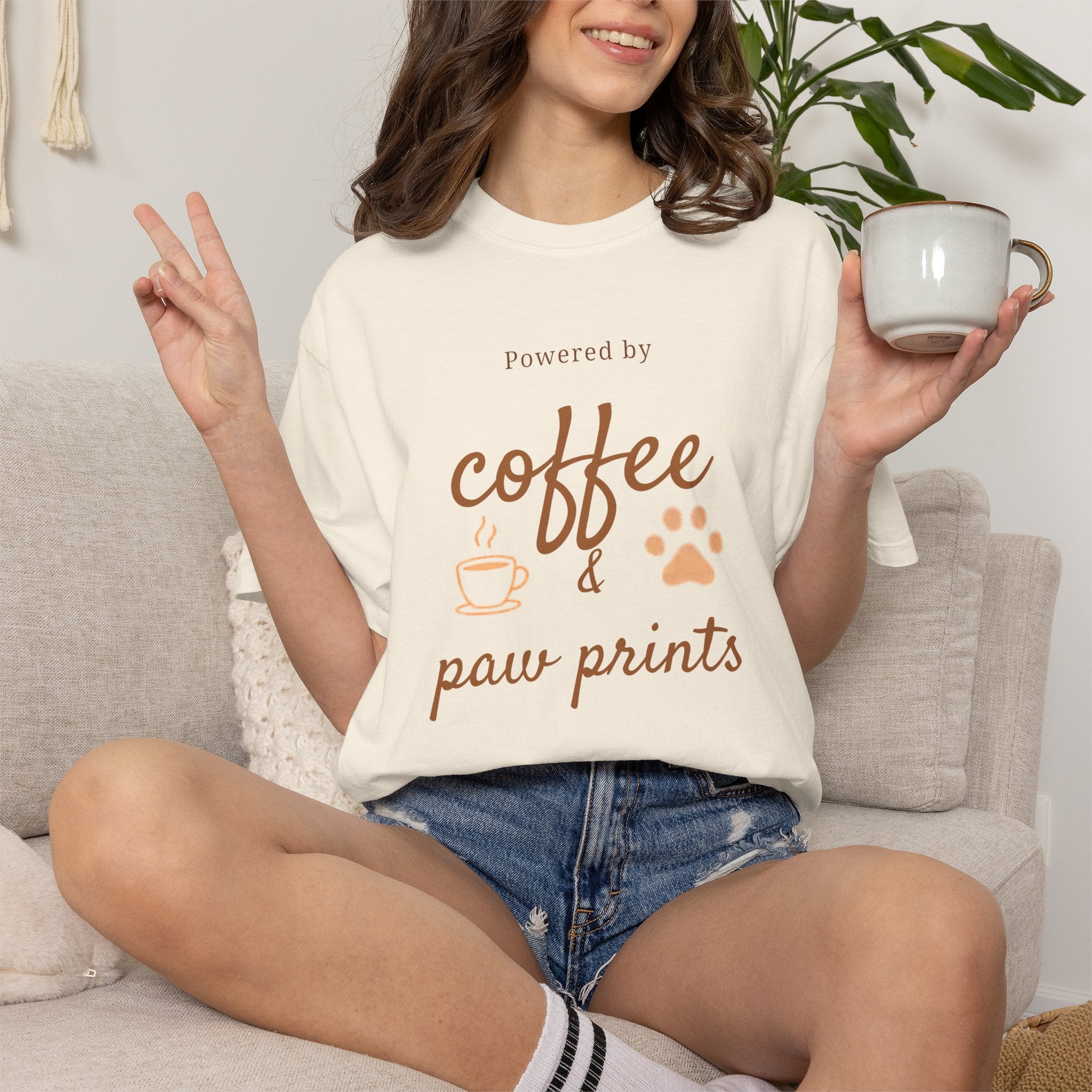 Coffee & Paw Prints T-Shirt — "Powered by Coffee & Paw Prints" Pet Lover Tee