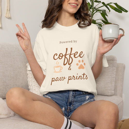 Coffee & Paw Prints T-Shirt — "Powered by Coffee & Paw Prints" Pet Lover Tee