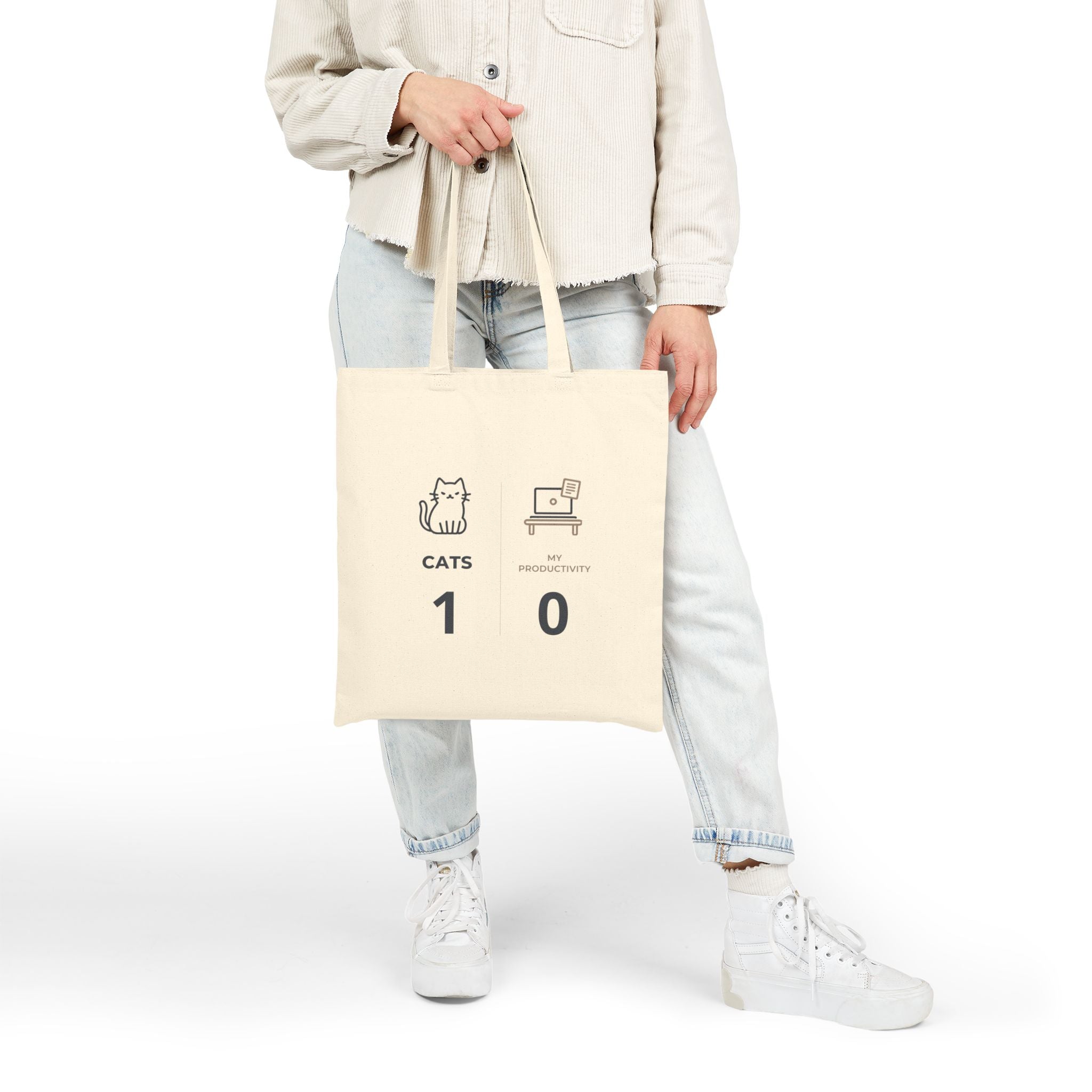 Tote Bag — "Cats 1, Productivity 0" Cute Cat Humor Canvas Tote